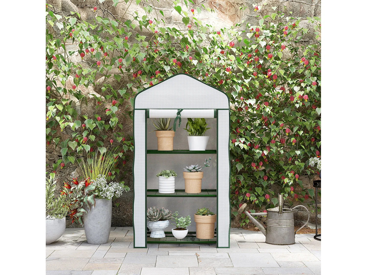 Outsunny Portable Mini Greenhouse with Roll-up Door and Wire Shelves, White