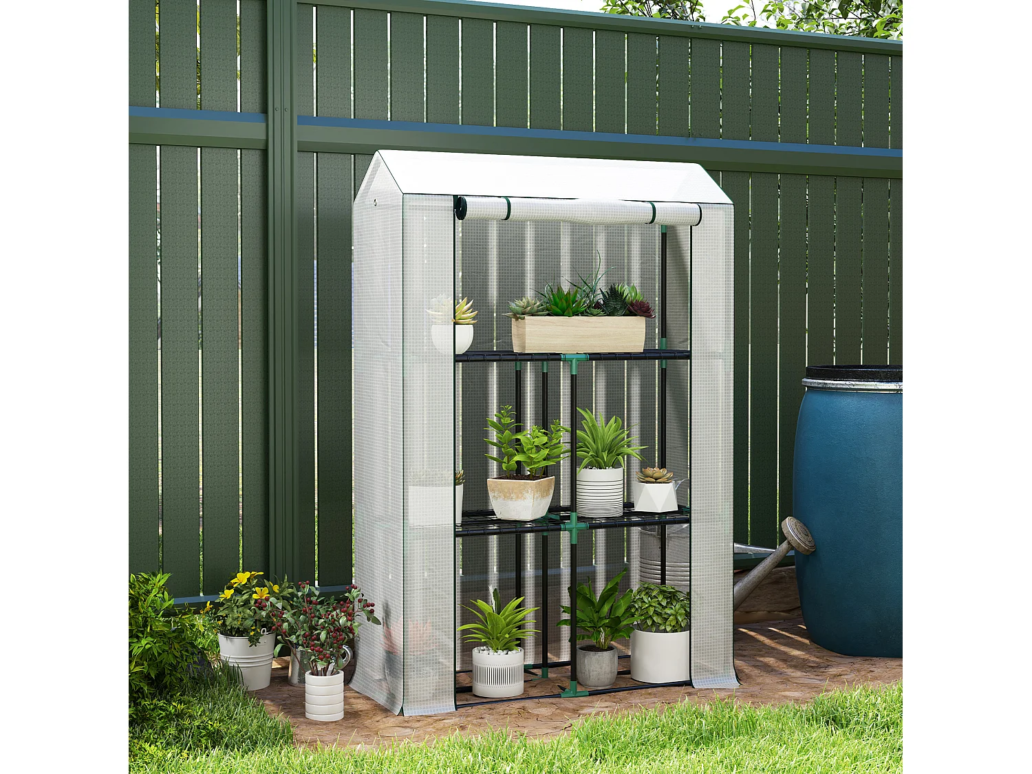 Outsunny 3 Tier Mini Greenhouse with PE Cover, Roll-Up Door, White