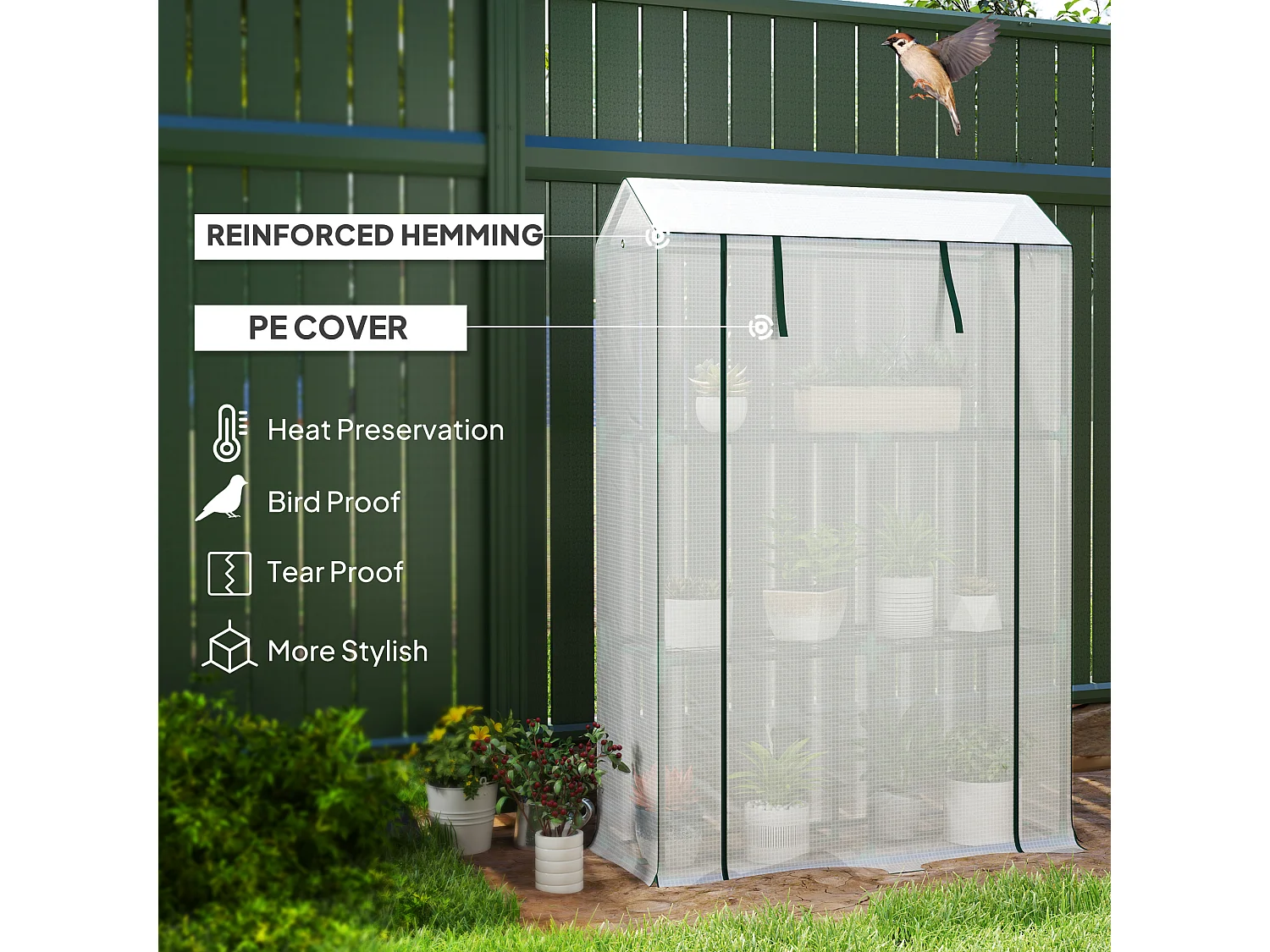 Outsunny 3 Tier Mini Greenhouse with PE Cover, Roll-Up Door, White
