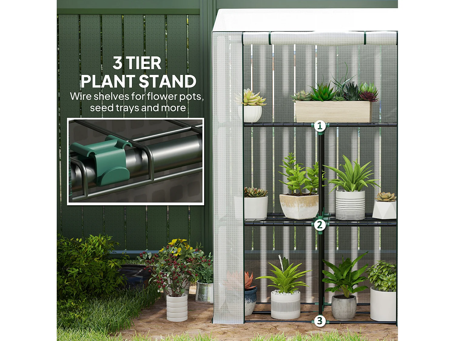 Outsunny 3 Tier Mini Greenhouse with PE Cover, Roll-Up Door, White