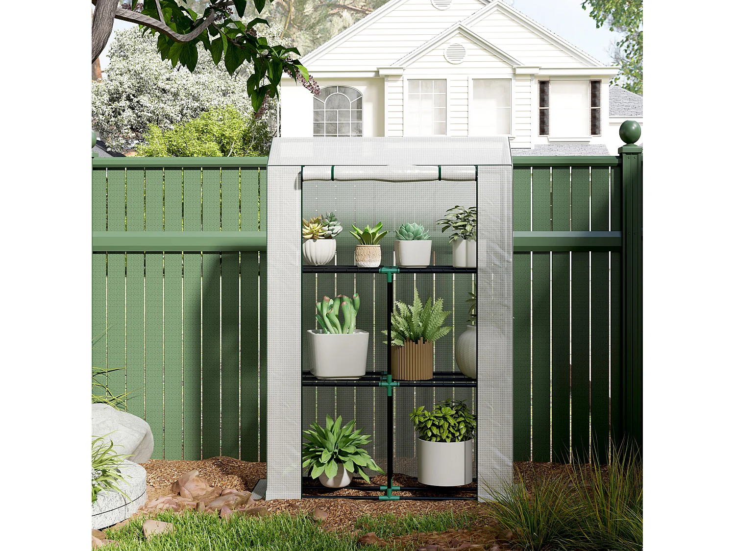 Outsunny 3 Tier Mini Greenhouse with PE Cover, Roll-Up Door, White