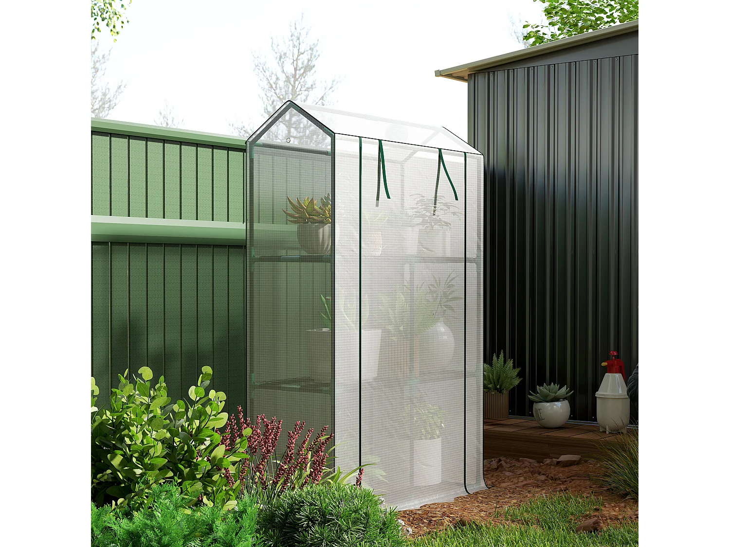 Outsunny 3 Tier Mini Greenhouse with PE Cover, Roll-Up Door, White