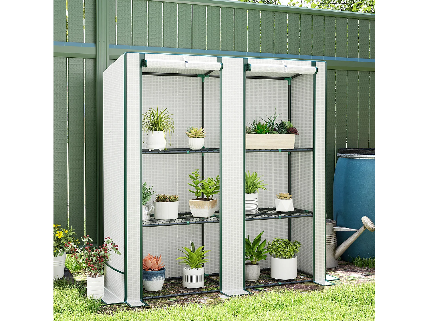 Outsunny 3 Tier Lean-to Mini Greenhouse with Green Hemmed Edging, White