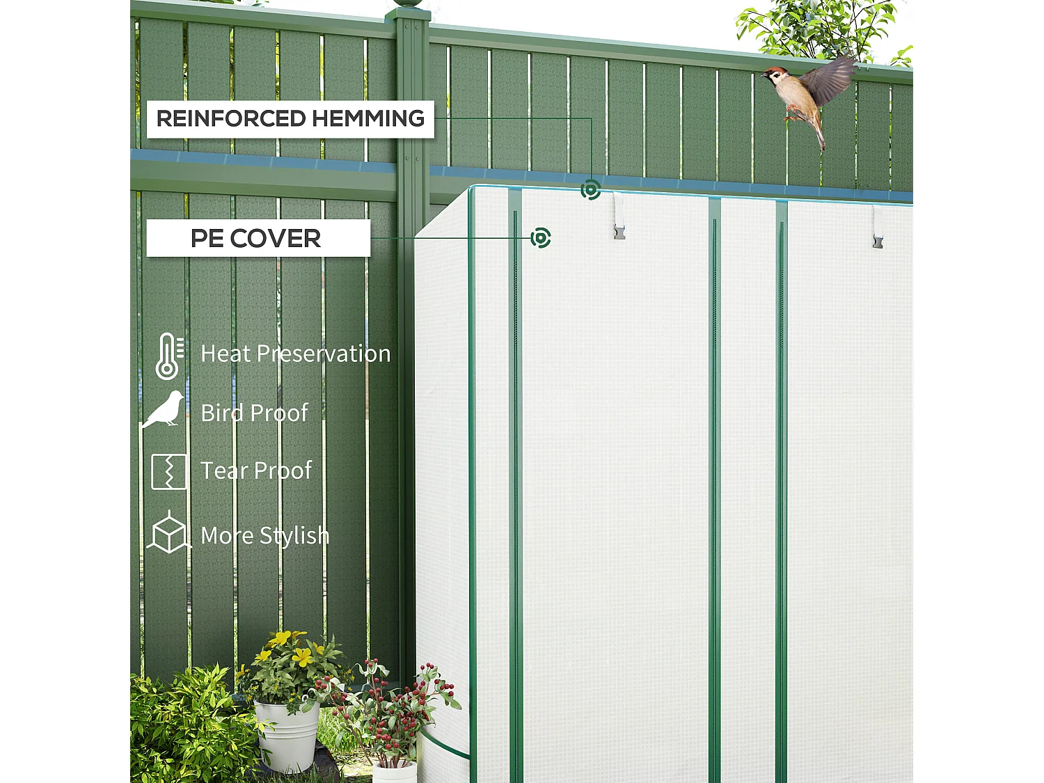 Outsunny 3 Tier Lean-to Mini Greenhouse with Green Hemmed Edging, White
