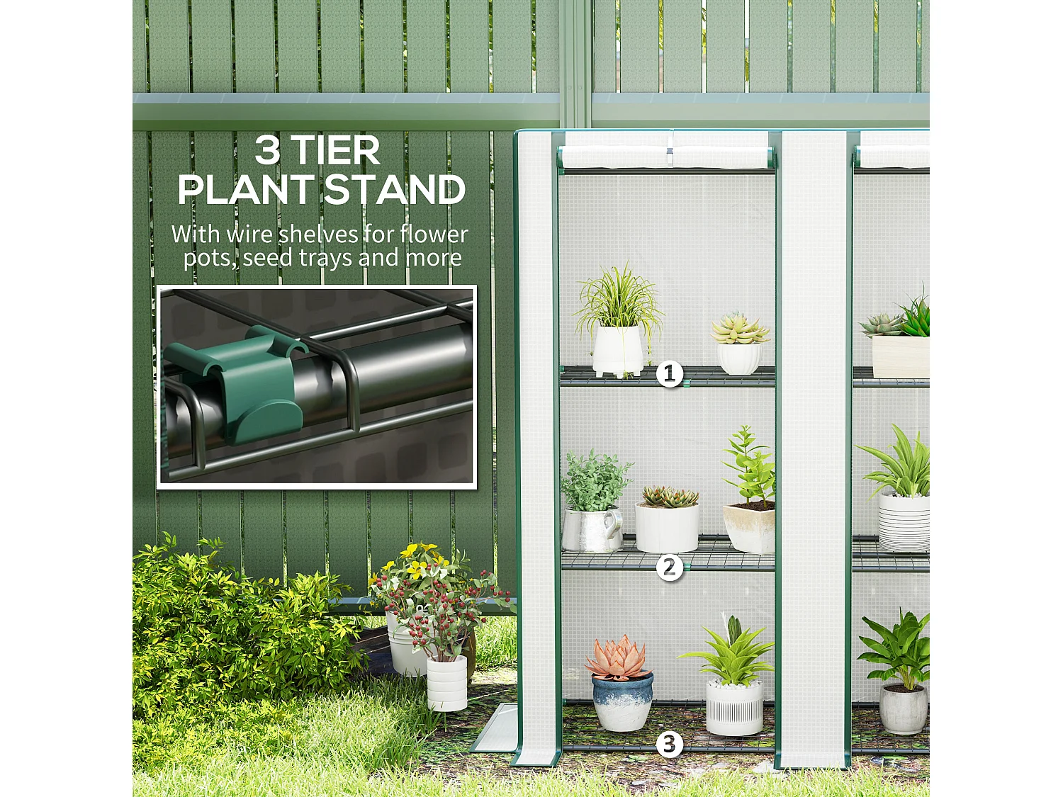 Outsunny 3 Tier Lean-to Mini Greenhouse with Green Hemmed Edging, White