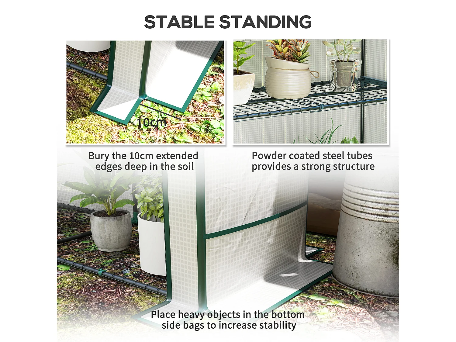 Outsunny 3 Tier Lean-to Mini Greenhouse with Green Hemmed Edging, White