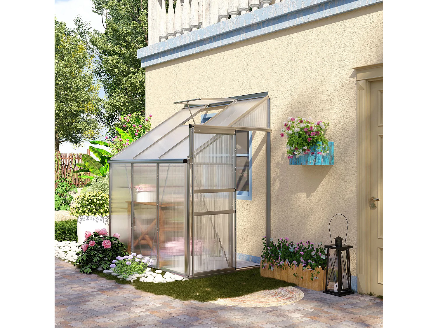 Outsunny 6 x 4ft Lean to Polycarbonate Greenhouse for Outdoor w/ Sliding Door