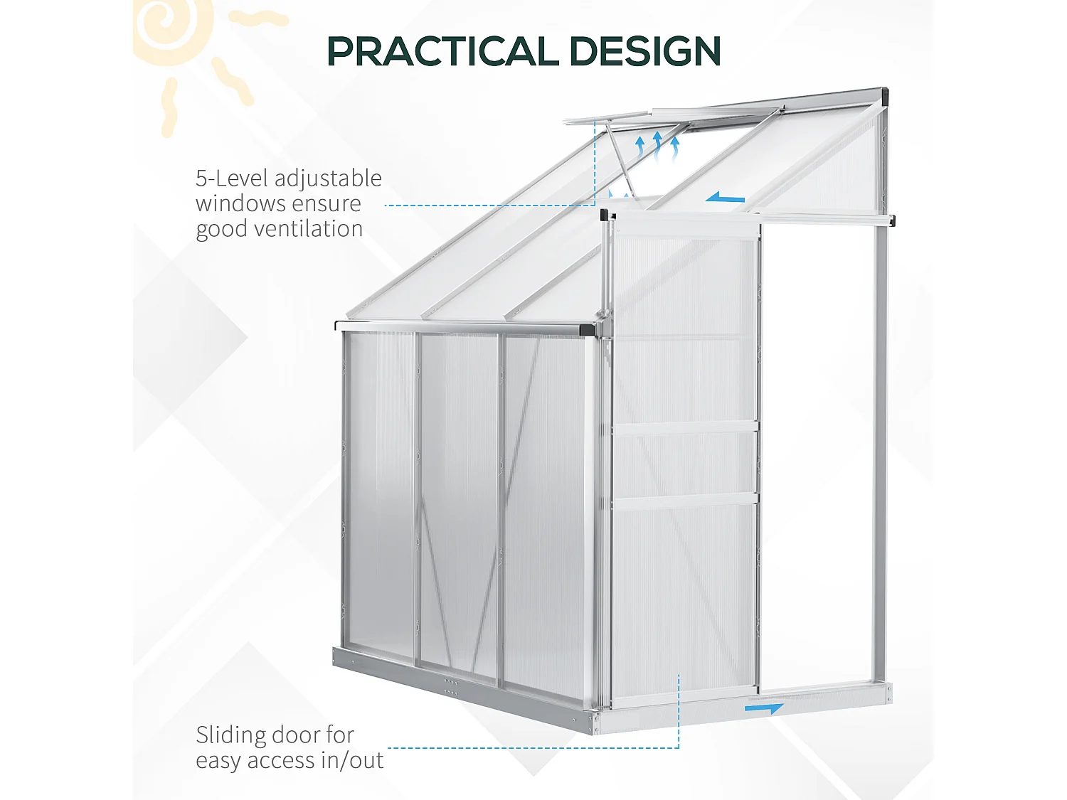 Outsunny 6 x 4ft Lean to Polycarbonate Greenhouse for Outdoor w/ Sliding Door