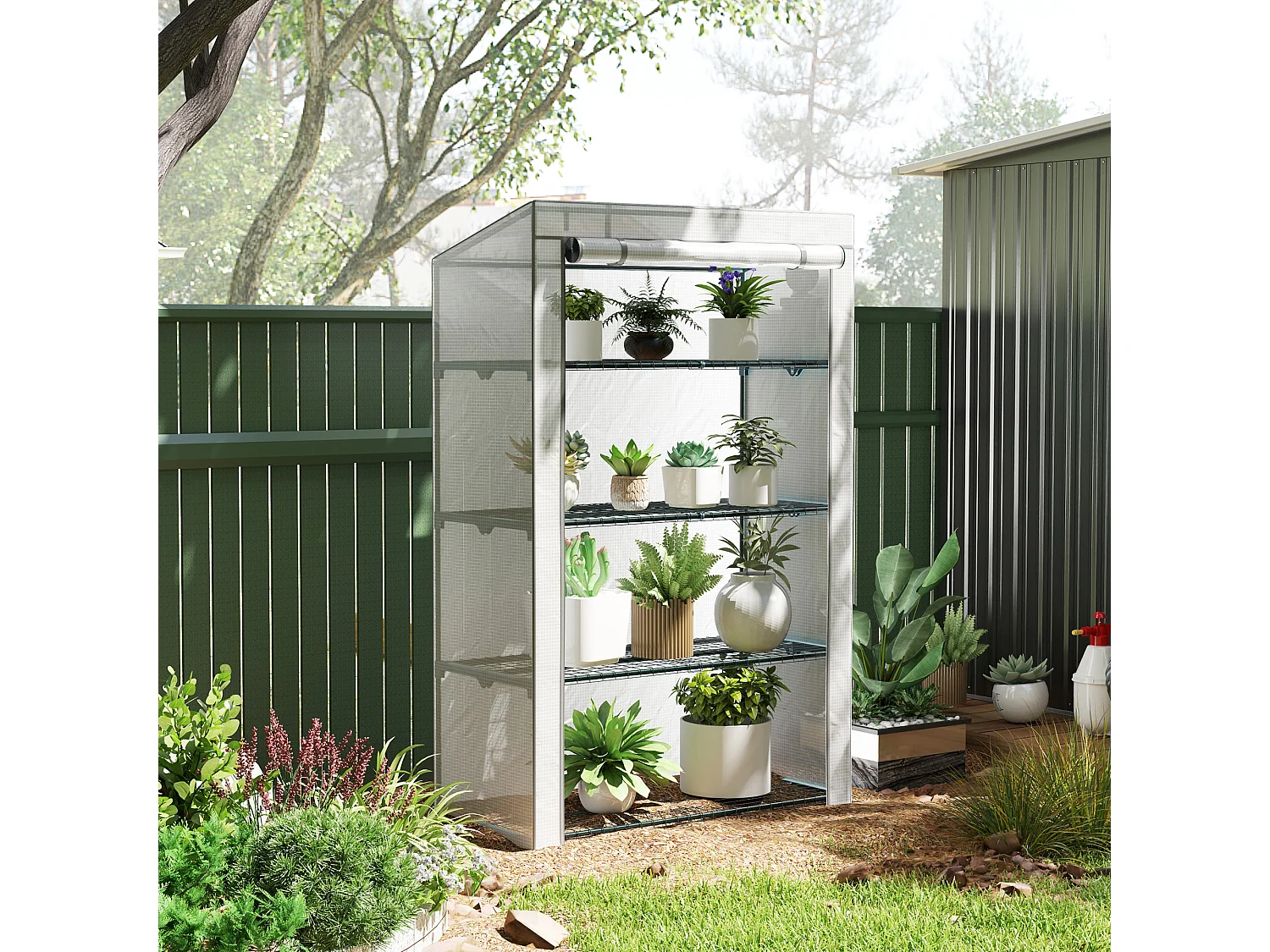 Outsunny 4 Tier Lean-to Mini Greenhouse with Reinforced PE Cover, Grey