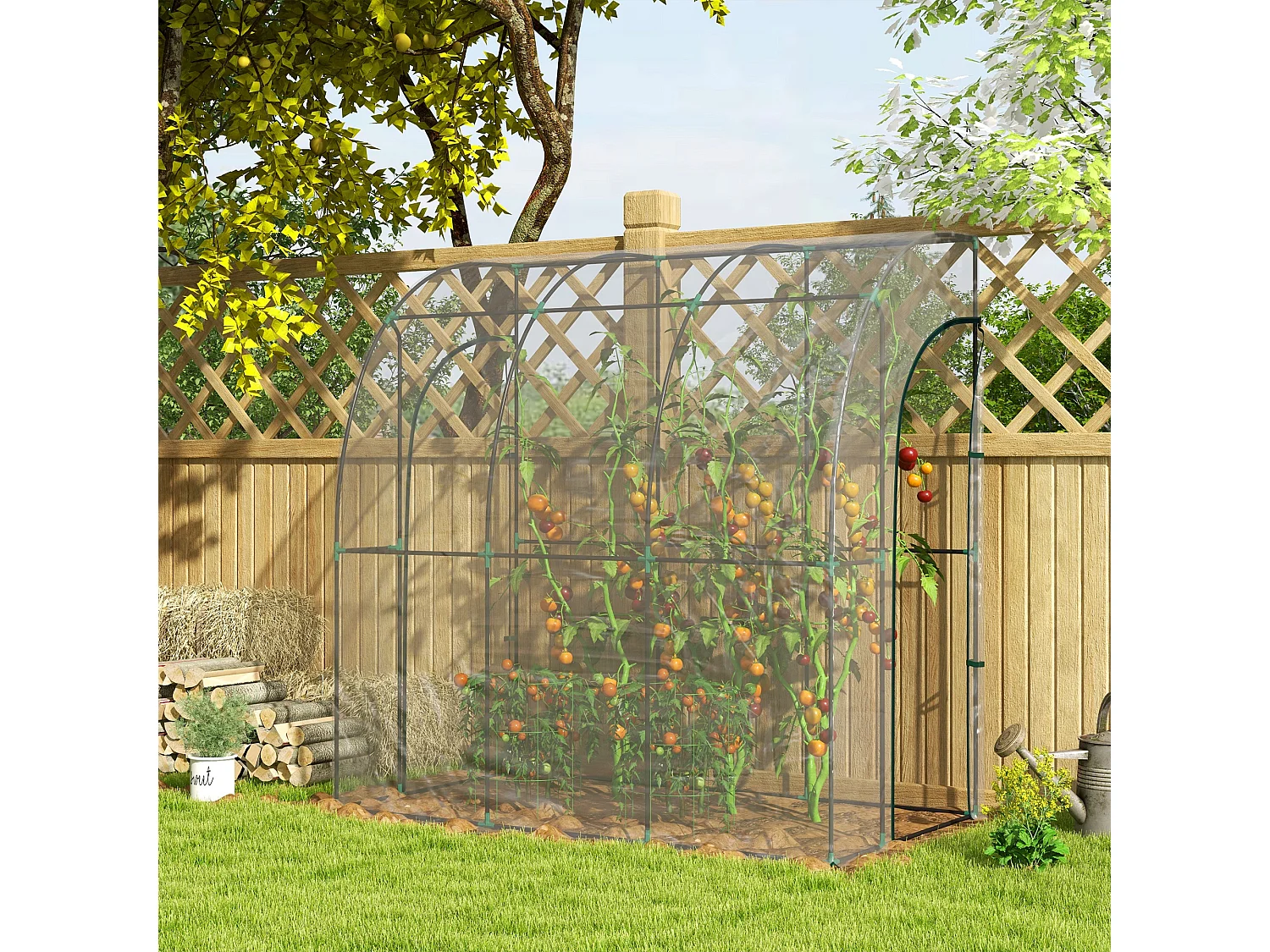 Outsunny 214x118x212cm Walk-In Lean to Wall Tunnel Plastic Greenhouse with Doors