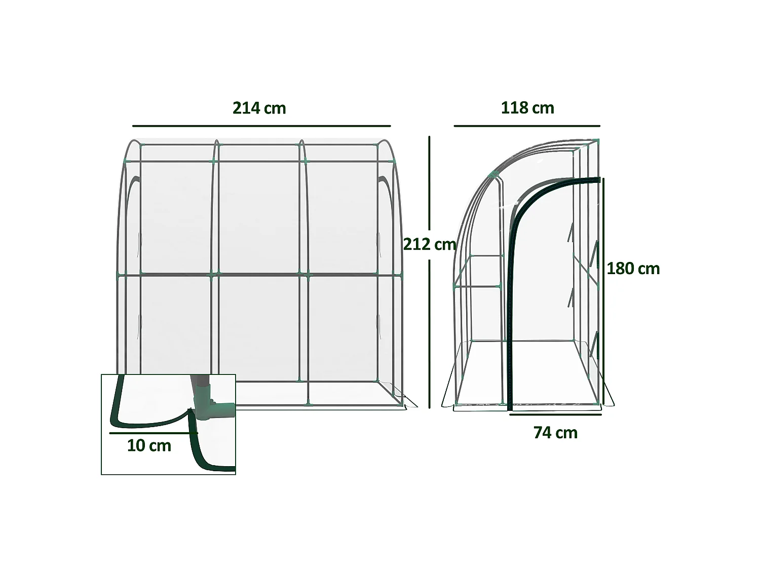 Outsunny 214x118x212cm Walk-In Lean to Wall Tunnel Plastic Greenhouse with Doors