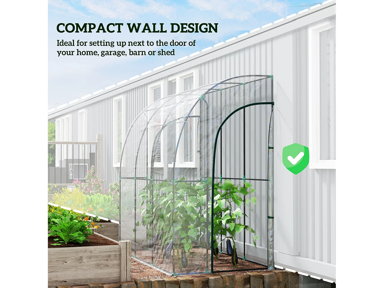 Outsunny 214x118x212cm Walk-In Lean to Wall Tunnel Plastic Greenhouse with Doors