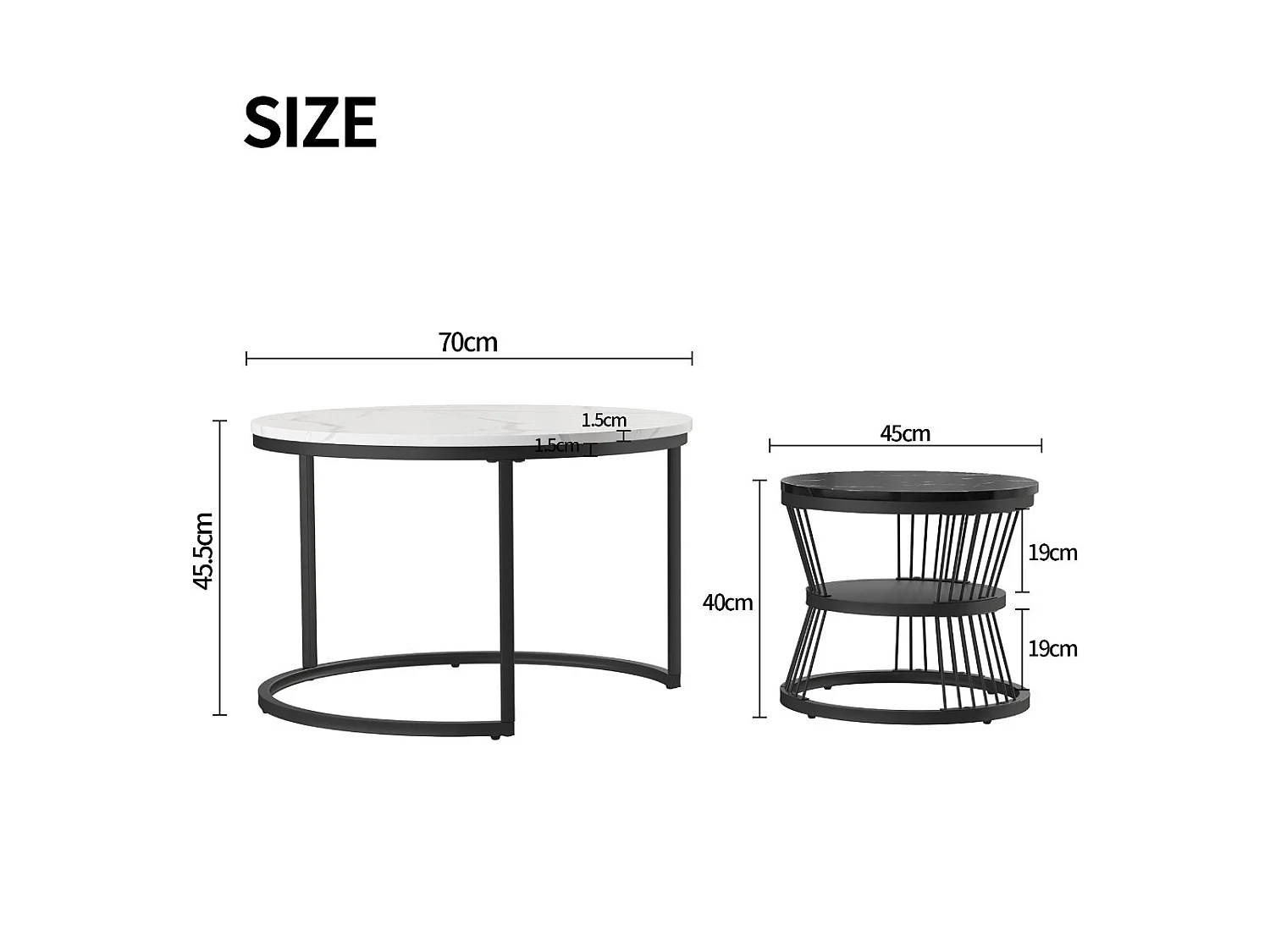 Lot de 2 tables basses gigognes rondes effet marbre, table basse de salon moderne avec structure en métal, Blanc