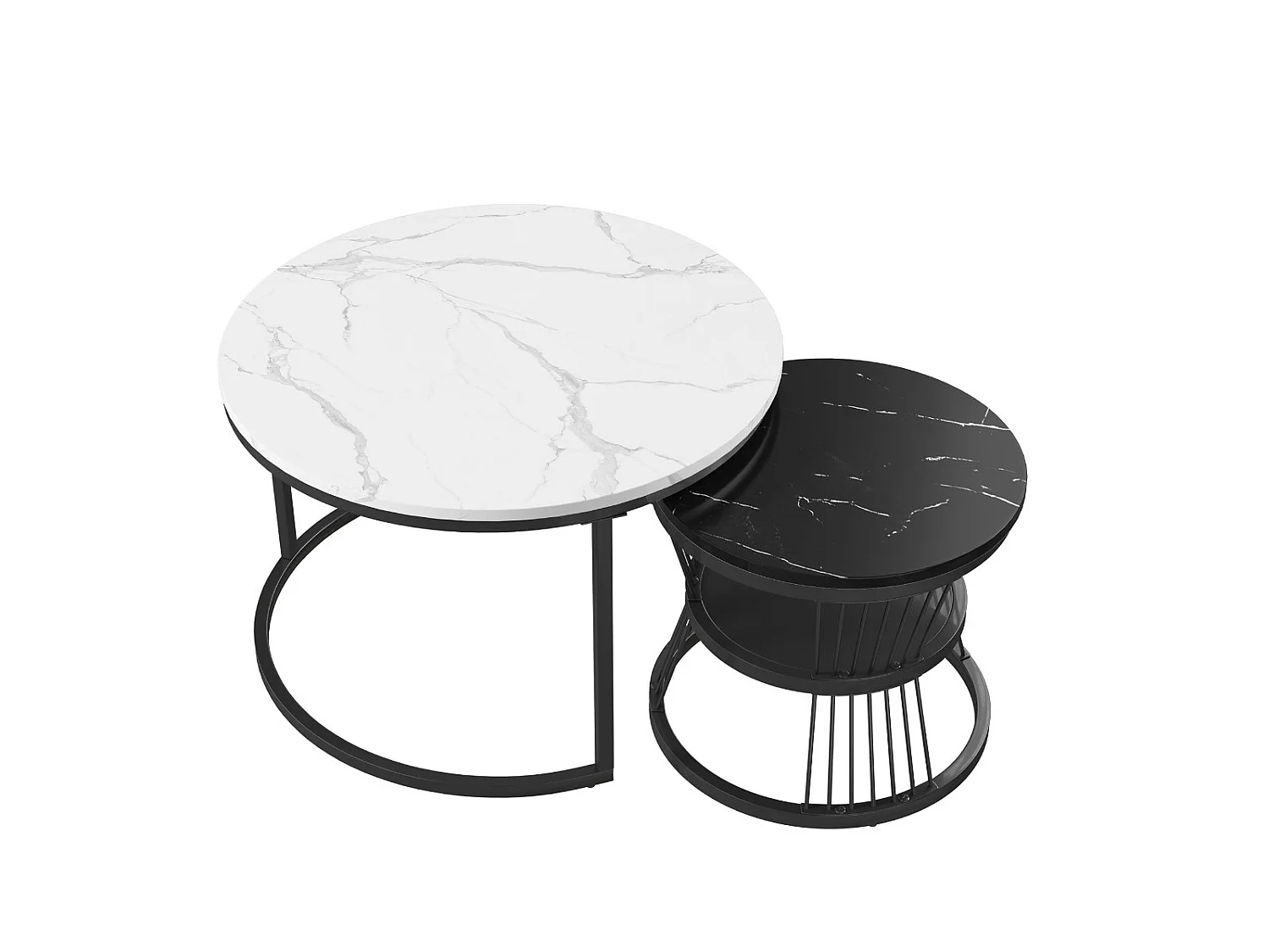 Lot de 2 tables basses gigognes rondes effet marbre, table basse de salon moderne avec structure en métal, Blanc