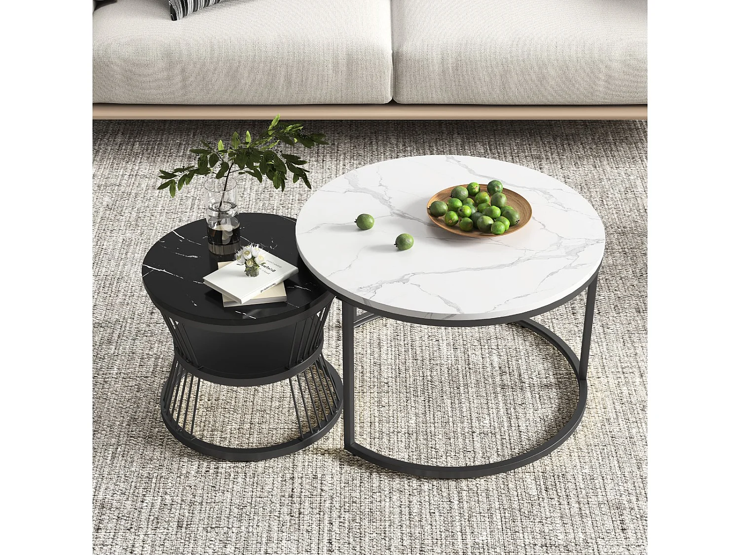 Lot de 2 tables basses gigognes rondes effet marbre, table basse de salon moderne avec structure en métal, Blanc