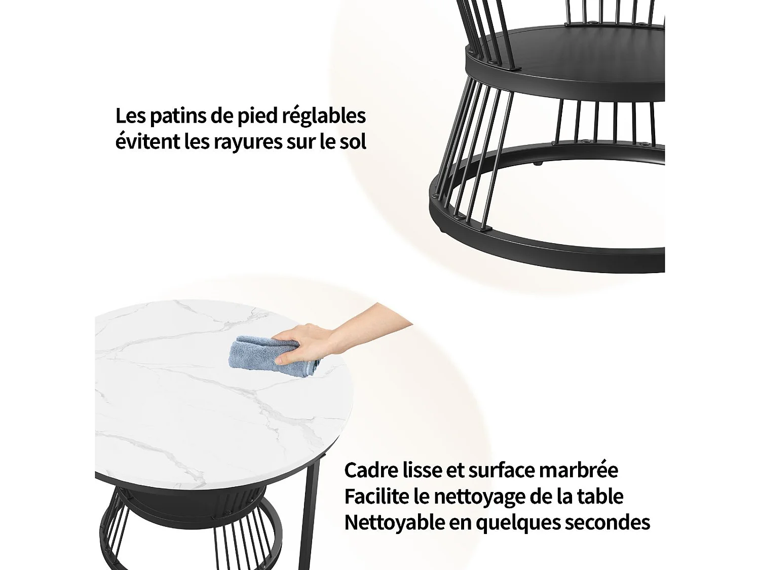 Lot de 2 tables basses gigognes rondes effet marbre, table basse de salon moderne avec structure en métal, Blanc