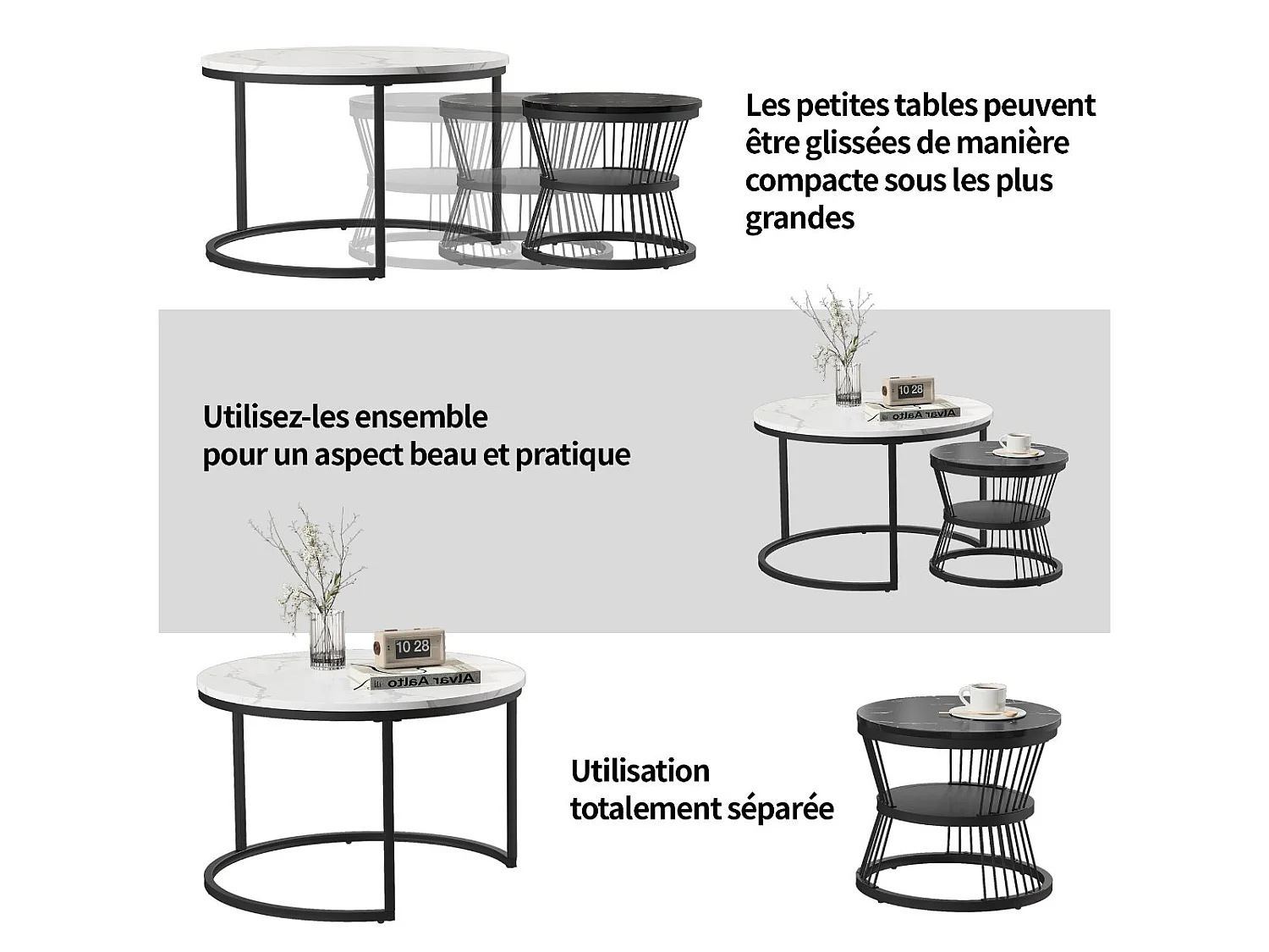 Lot de 2 tables basses gigognes rondes effet marbre, table basse de salon moderne avec structure en métal, Blanc