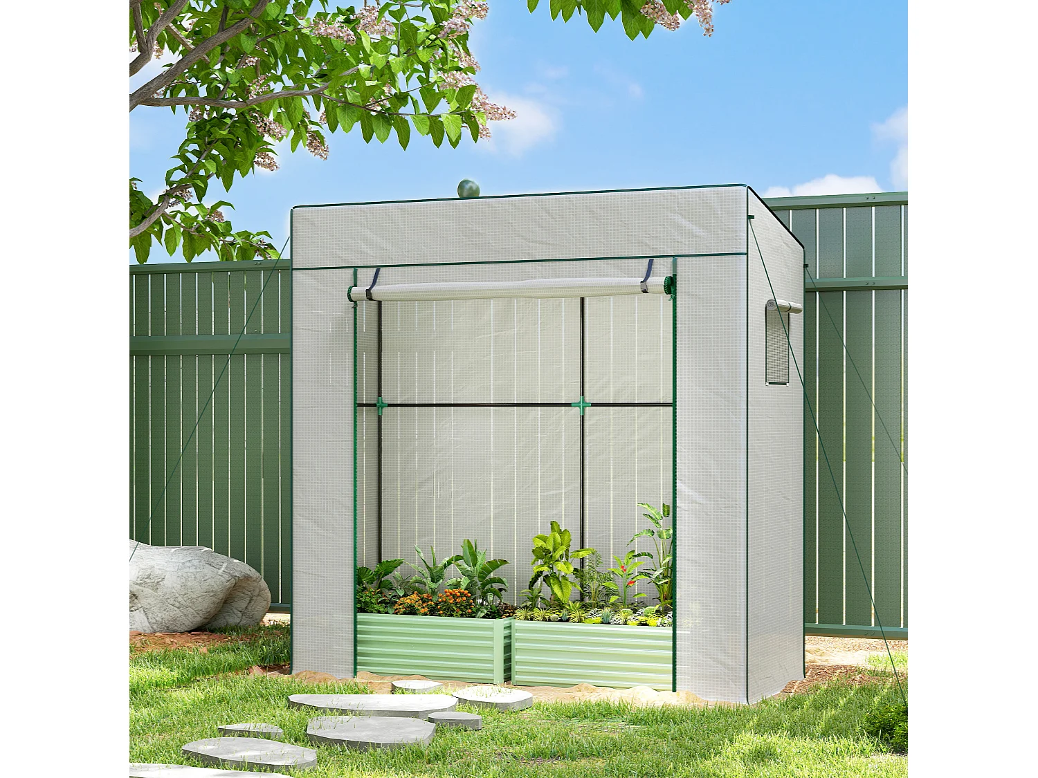 Outsunny Walk-in Garden Green House with Large Roll-up Door and 2 Mesh Windows, White