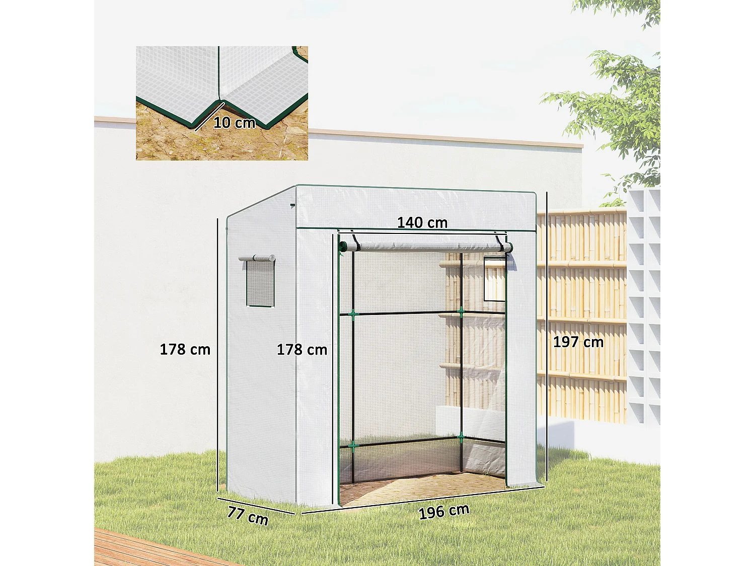 Outsunny Walk-in Garden Green House with Large Roll-up Door and 2 Mesh Windows, White
