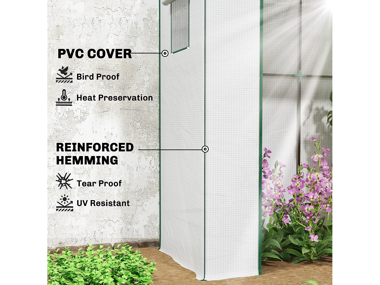 Outsunny Walk-in Garden Green House with Large Roll-up Door and 2 Mesh Windows, White