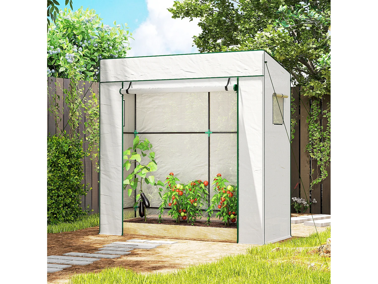 Outsunny Walk-in Garden Green House with Large Roll-up Door and 2 Mesh Windows, White