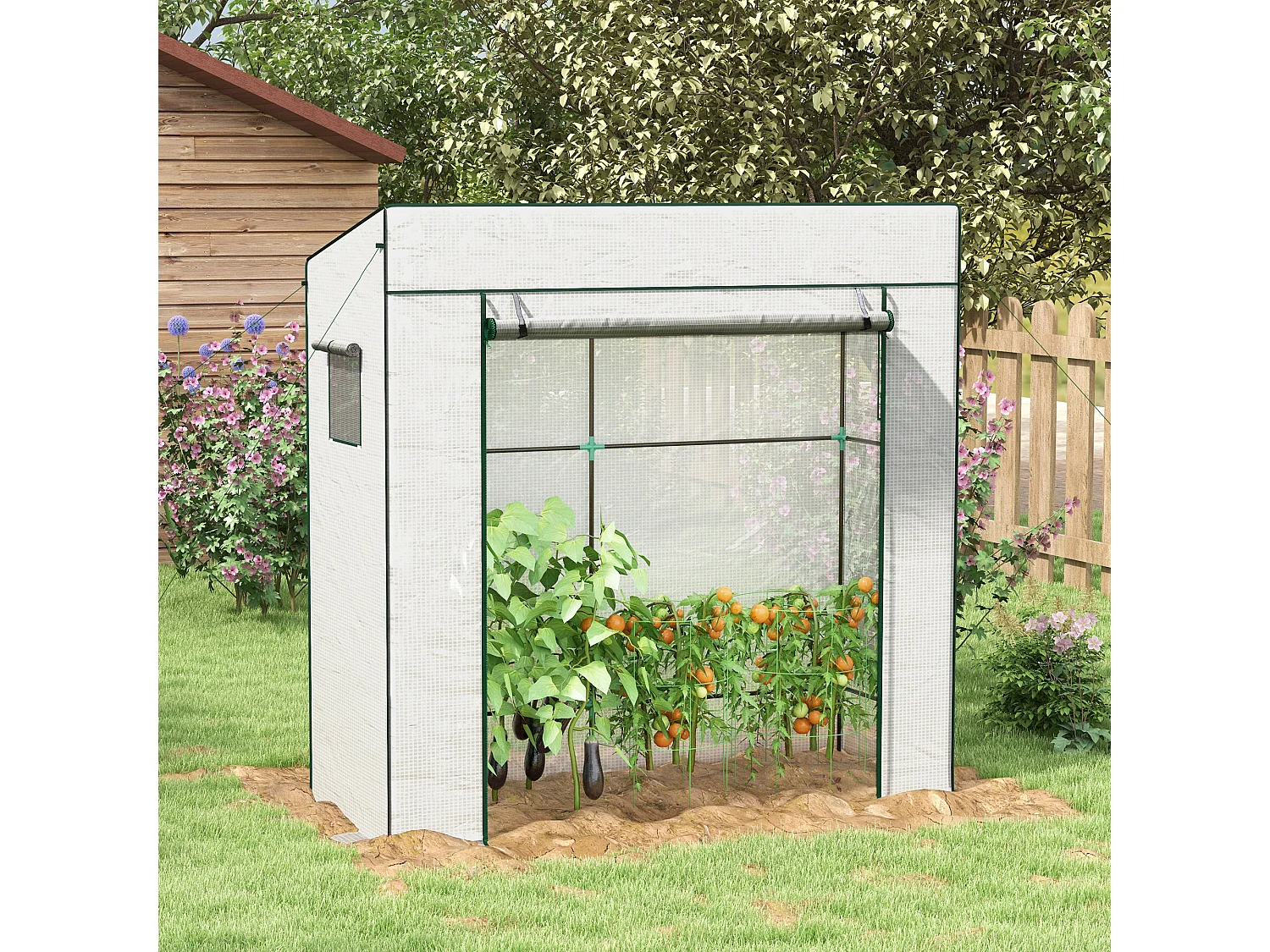 Outsunny Walk-in Garden Green House with Large Roll-up Door and 2 Mesh Windows, White