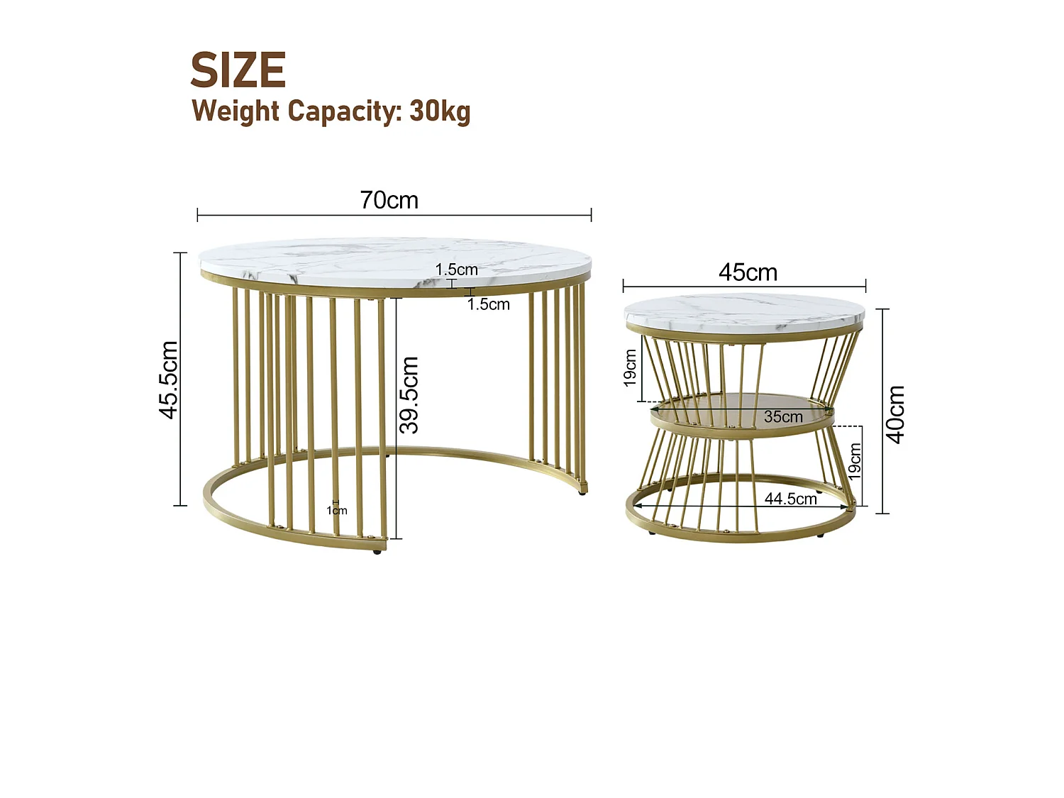 Lot de 2 tables basses gigognes rondes effet marbre, table basse avec structure métal doré, tables salon design moderne，Blanc