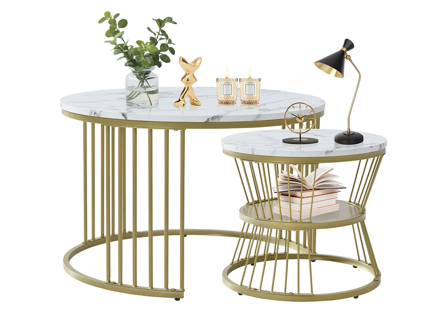 Lot de 2 tables basses gigognes rondes effet marbre, table basse avec structure métal doré, tables salon design moderne，Blanc