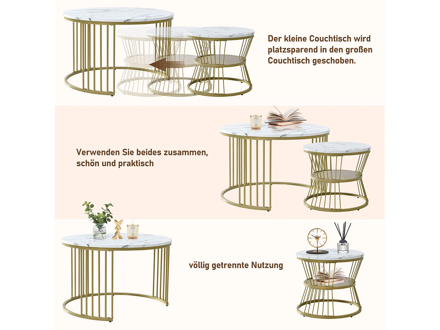 Lot de 2 tables basses gigognes rondes effet marbre, table basse avec structure métal doré, tables salon design moderne，Blanc