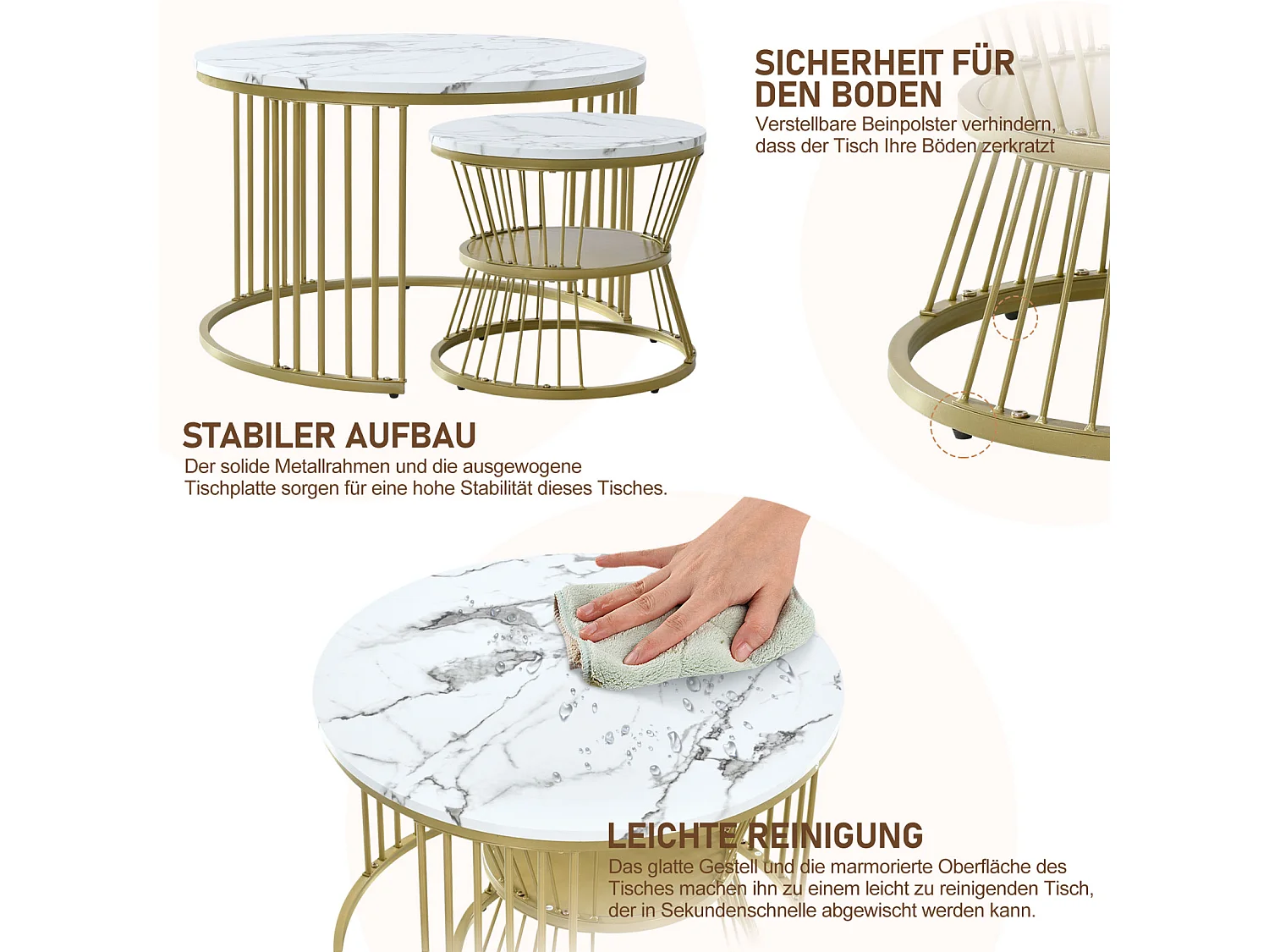 Lot de 2 tables basses gigognes rondes effet marbre, table basse avec structure métal doré, tables salon design moderne，Blanc