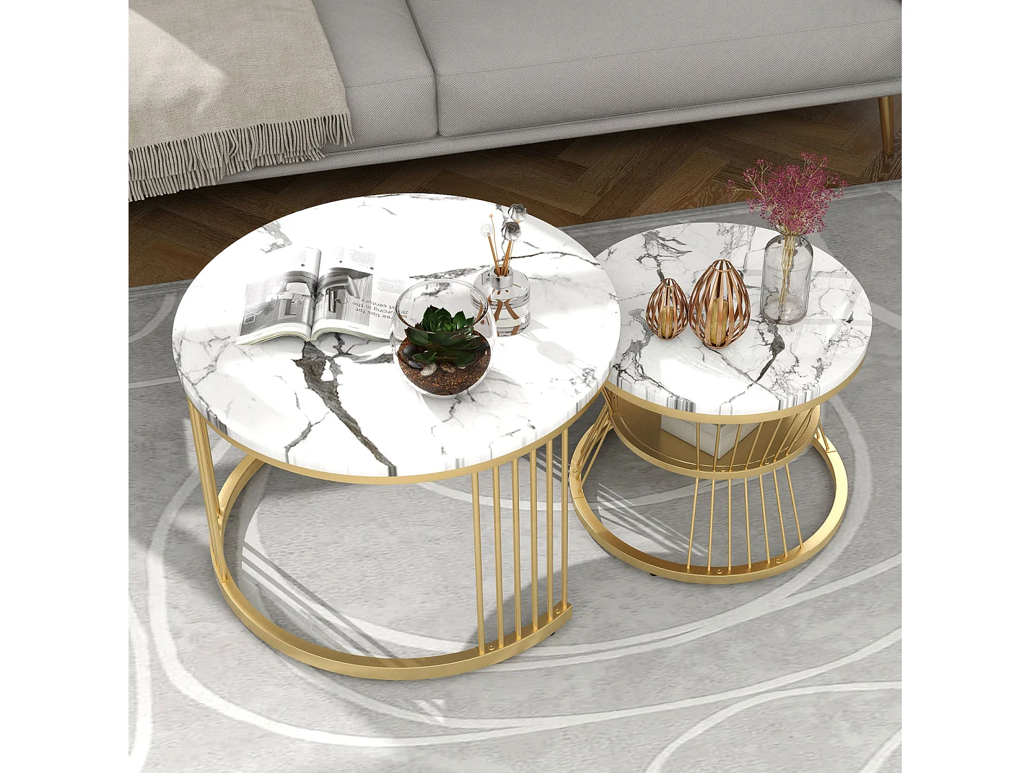 Lot de 2 tables basses gigognes rondes effet marbre, table basse avec structure métal doré, tables salon design moderne，Blanc