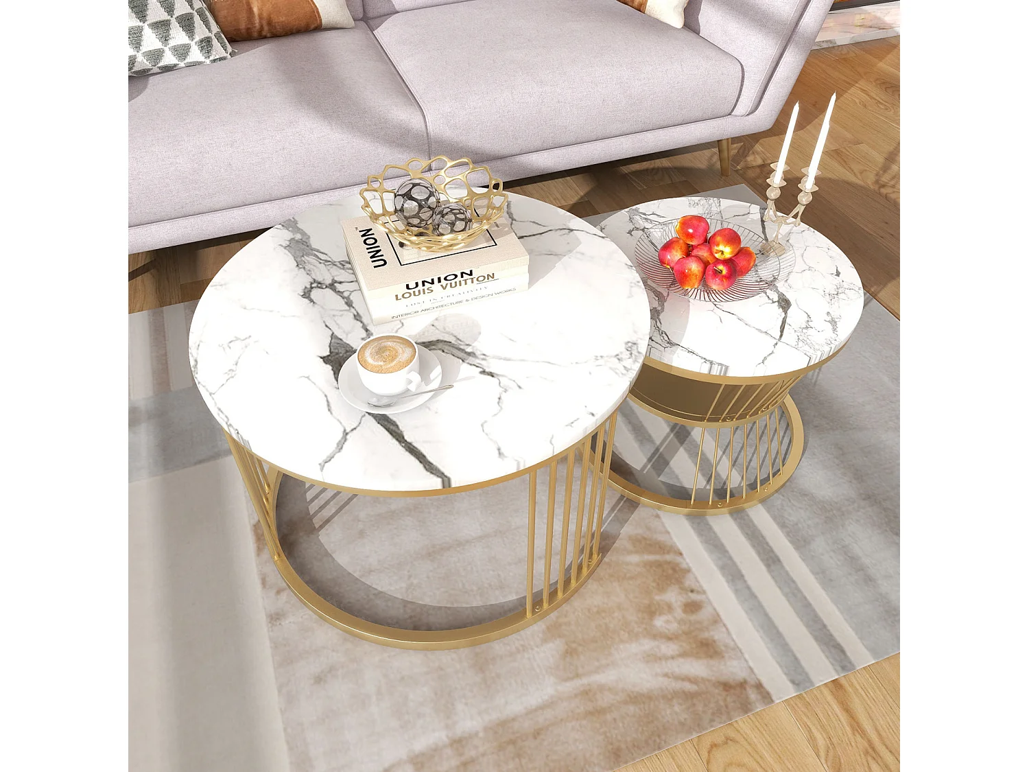 Lot de 2 tables basses gigognes rondes effet marbre, table basse avec structure métal doré, tables salon design moderne，Blanc