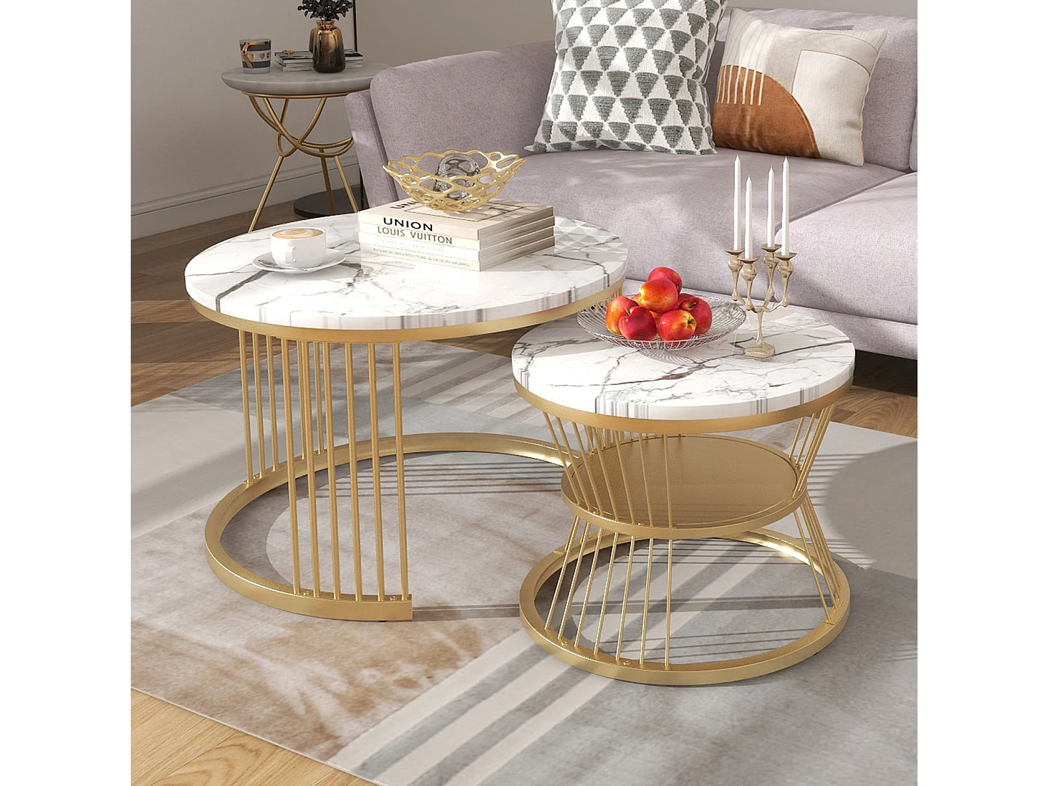 Lot de 2 tables basses gigognes rondes effet marbre, table basse avec structure métal doré, tables salon design moderne，Blanc