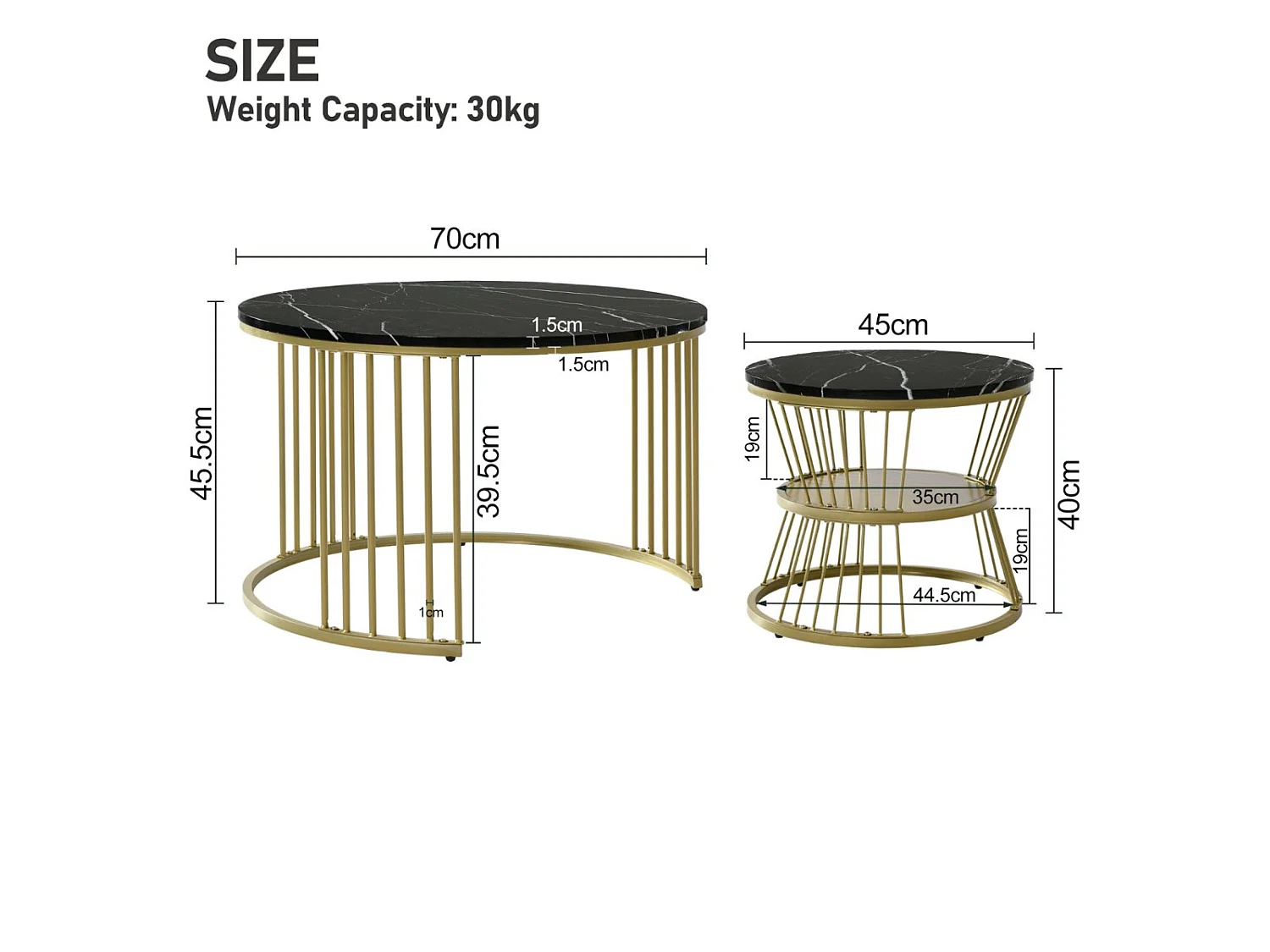Lot de 2 tables basses gigognes rondes effet marbre, table basse avec structure métal doré, tables salon design moderne，Noir