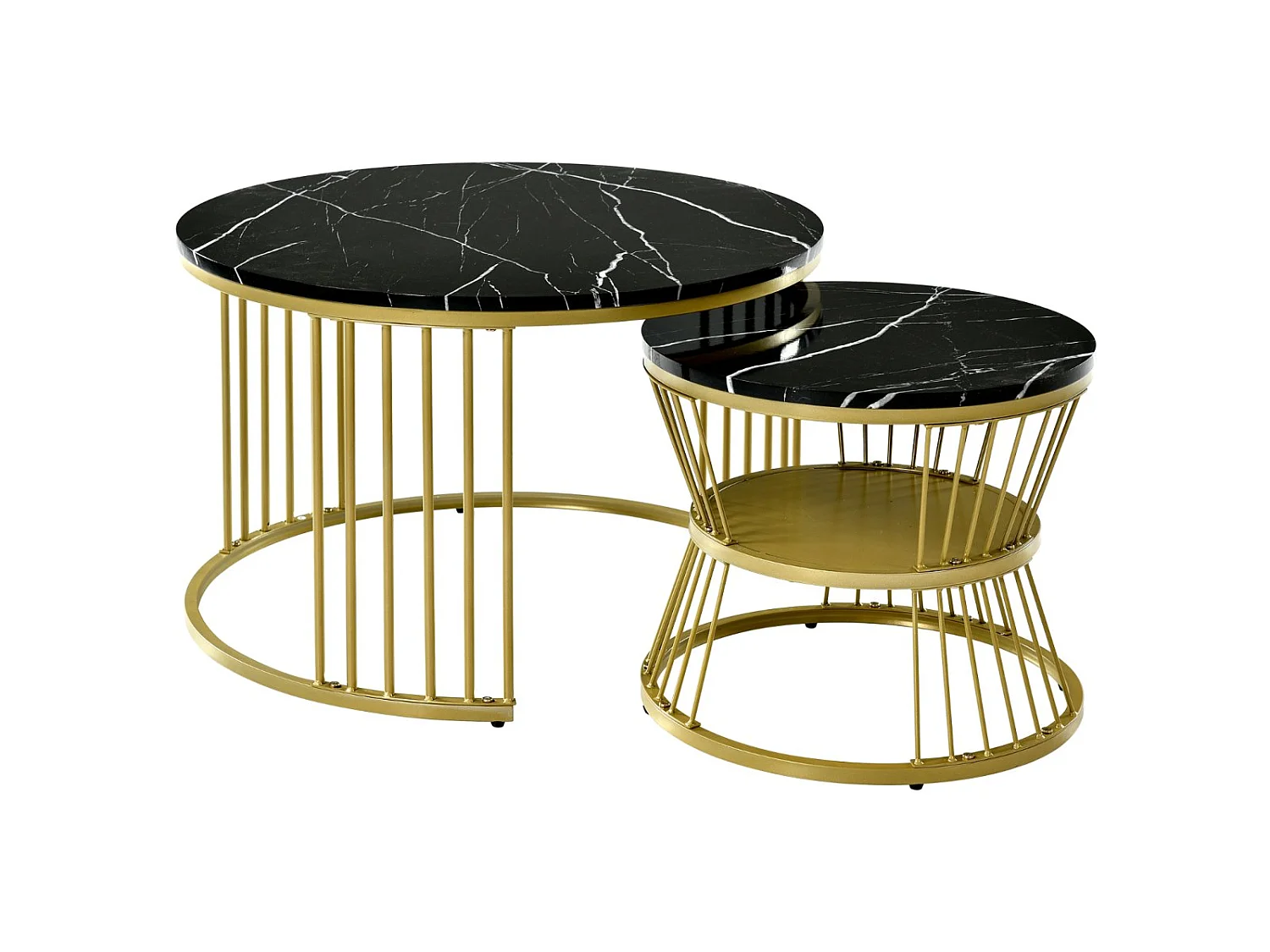 Lot de 2 tables basses gigognes rondes effet marbre, table basse avec structure métal doré, tables salon design moderne，Noir