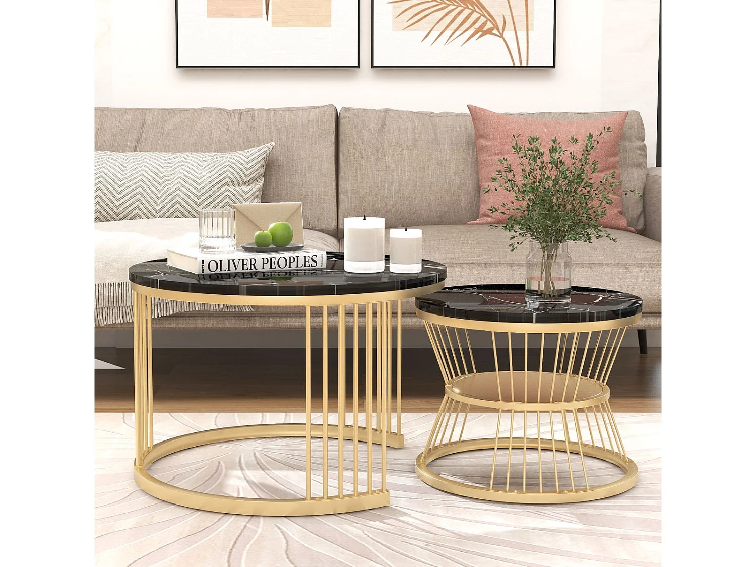 Lot de 2 tables basses gigognes rondes effet marbre, table basse avec structure métal doré, tables salon design moderne，Noir
