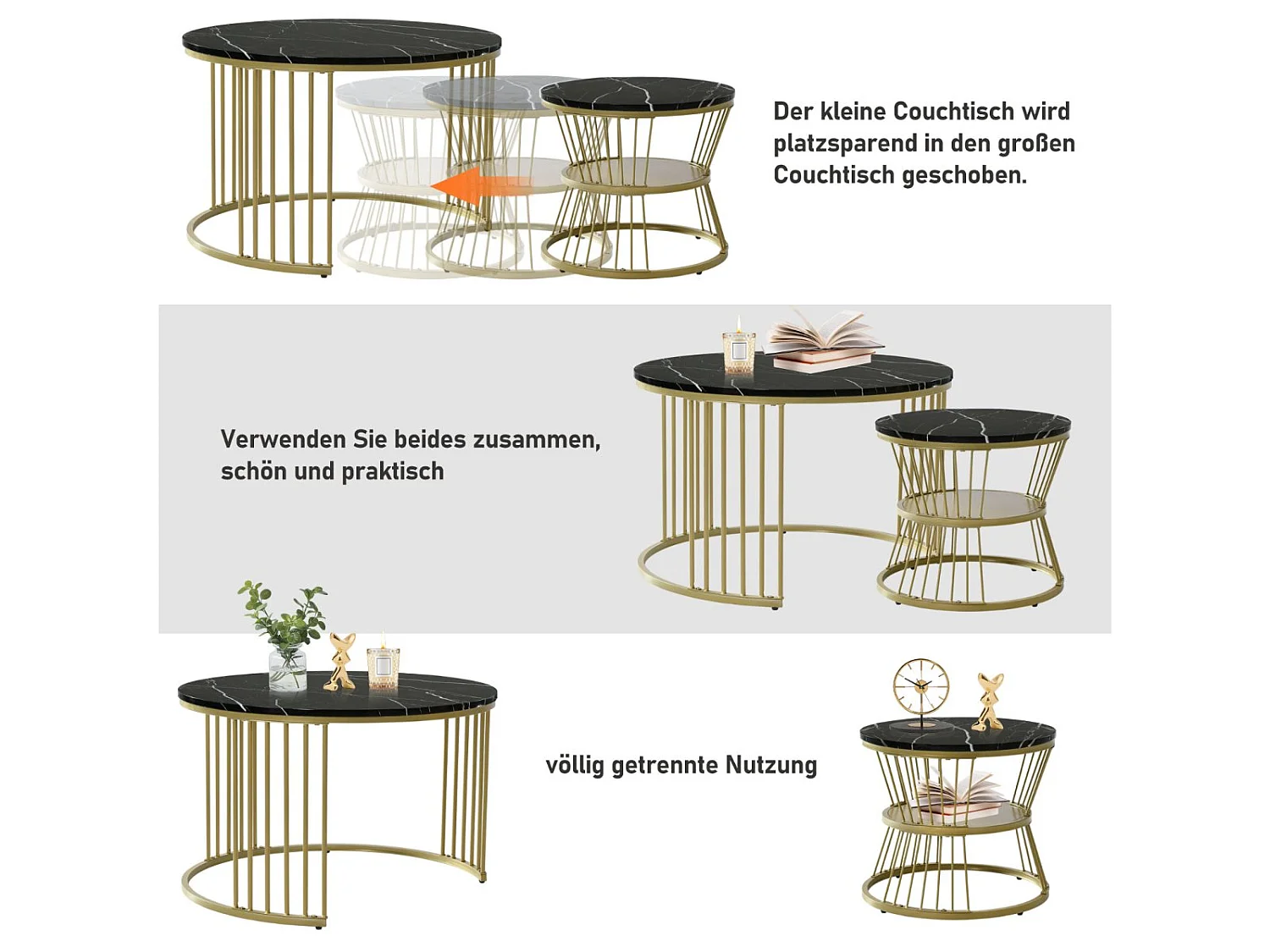 Lot de 2 tables basses gigognes rondes effet marbre, table basse avec structure métal doré, tables salon design moderne，Noir