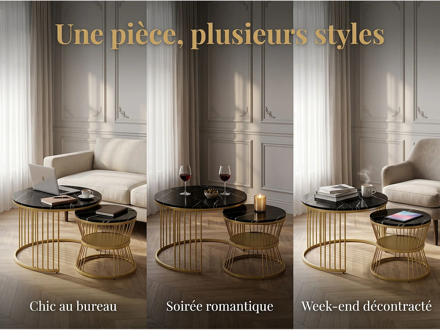 Lot de 2 tables basses gigognes rondes effet marbre, table basse avec structure métal doré, tables salon design moderne，Noir