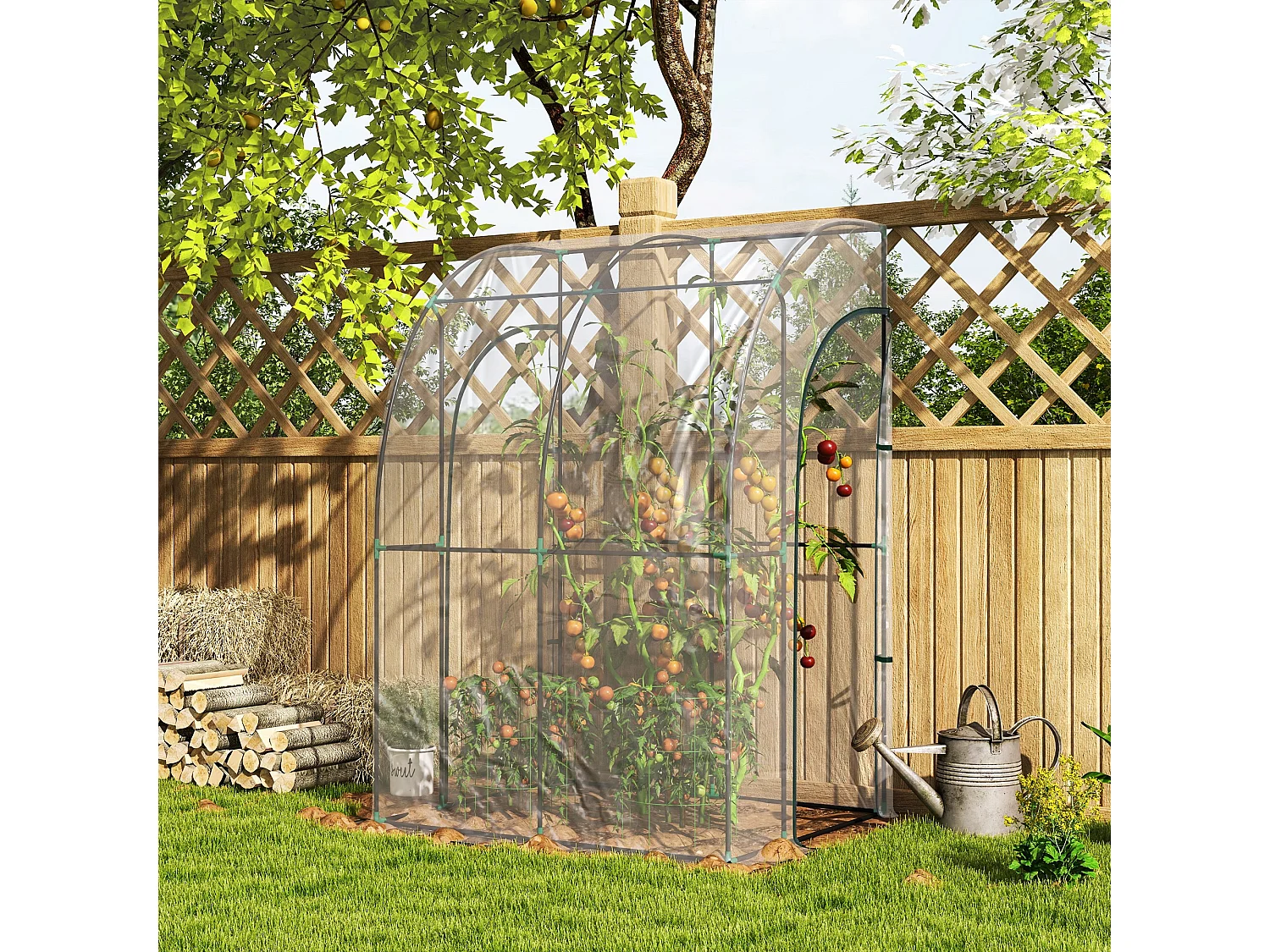 Outsunny 143x118x212cm Walk-In Lean to Wall Tunnel Plastic Greenhouse with Doors