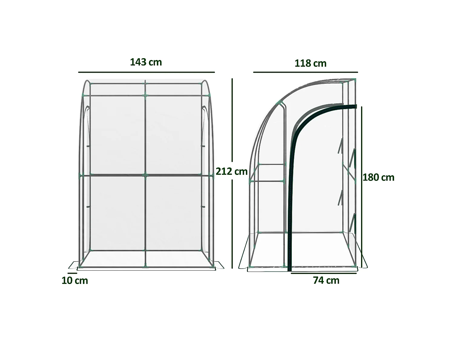 Outsunny 143x118x212cm Walk-In Lean to Wall Tunnel Plastic Greenhouse with Doors