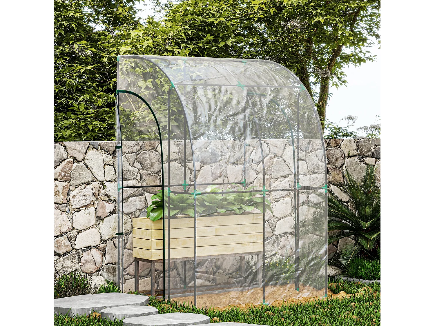 Outsunny 143x118x212cm Walk-In Lean to Wall Tunnel Plastic Greenhouse with Doors