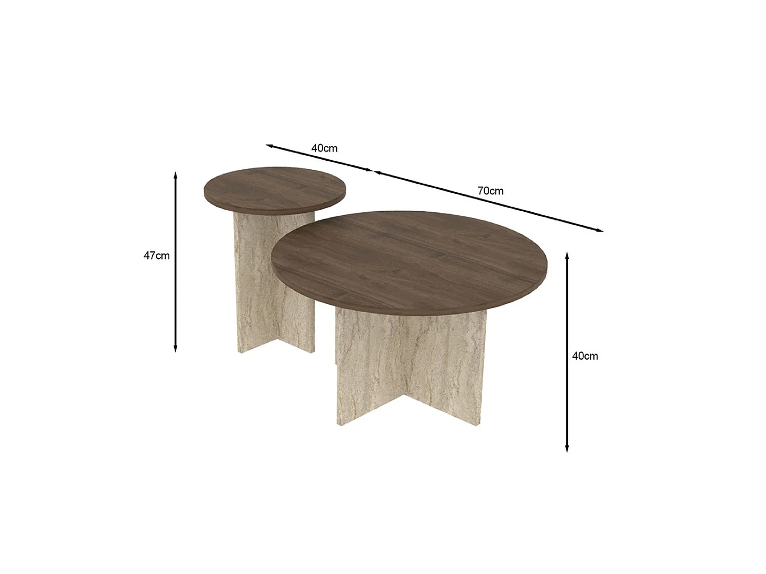 Ensemble de 2 tables basses rondes effet noyer et travertin TRAVI