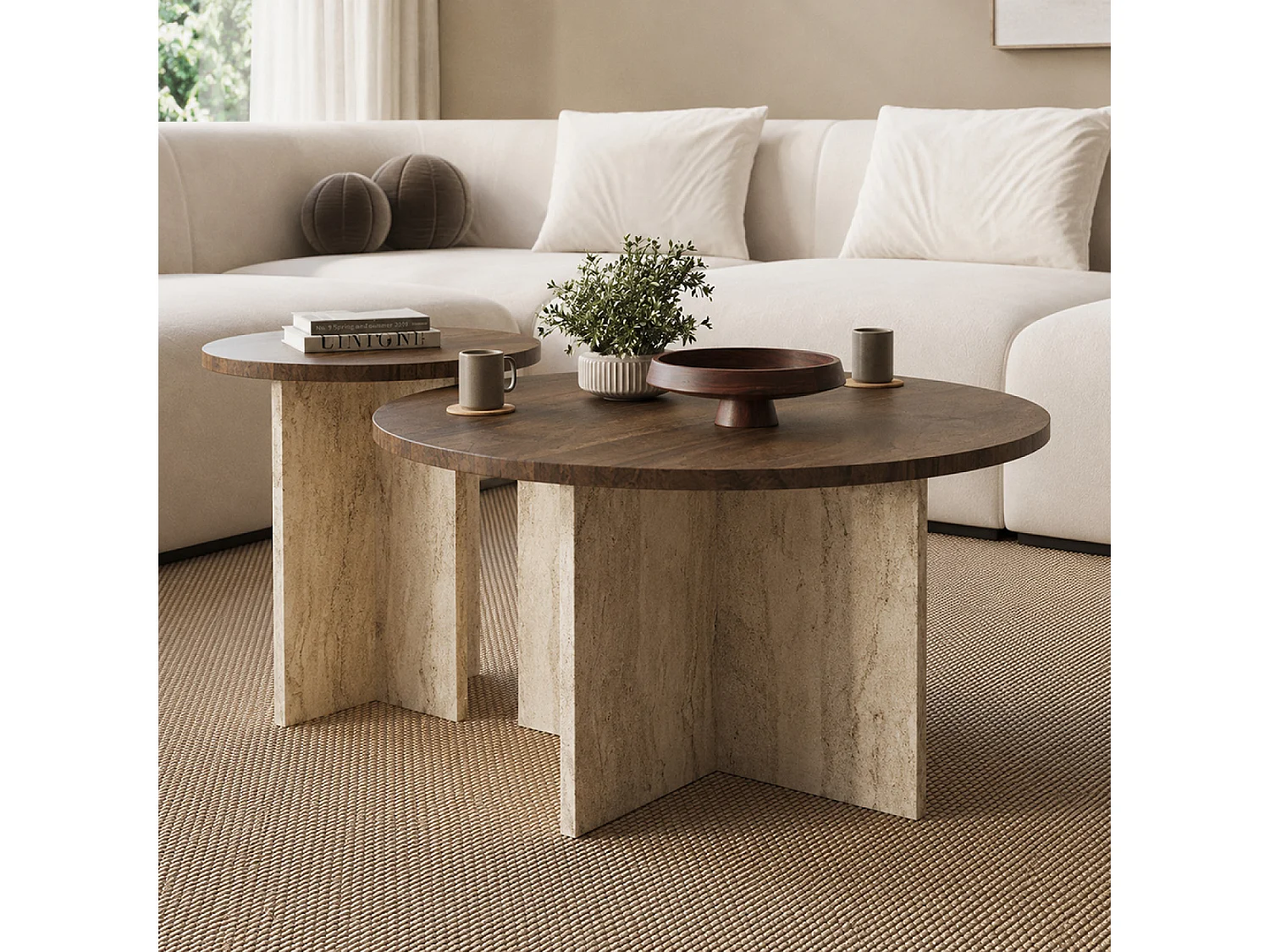 Ensemble de 2 tables basses rondes effet noyer et travertin TRAVI