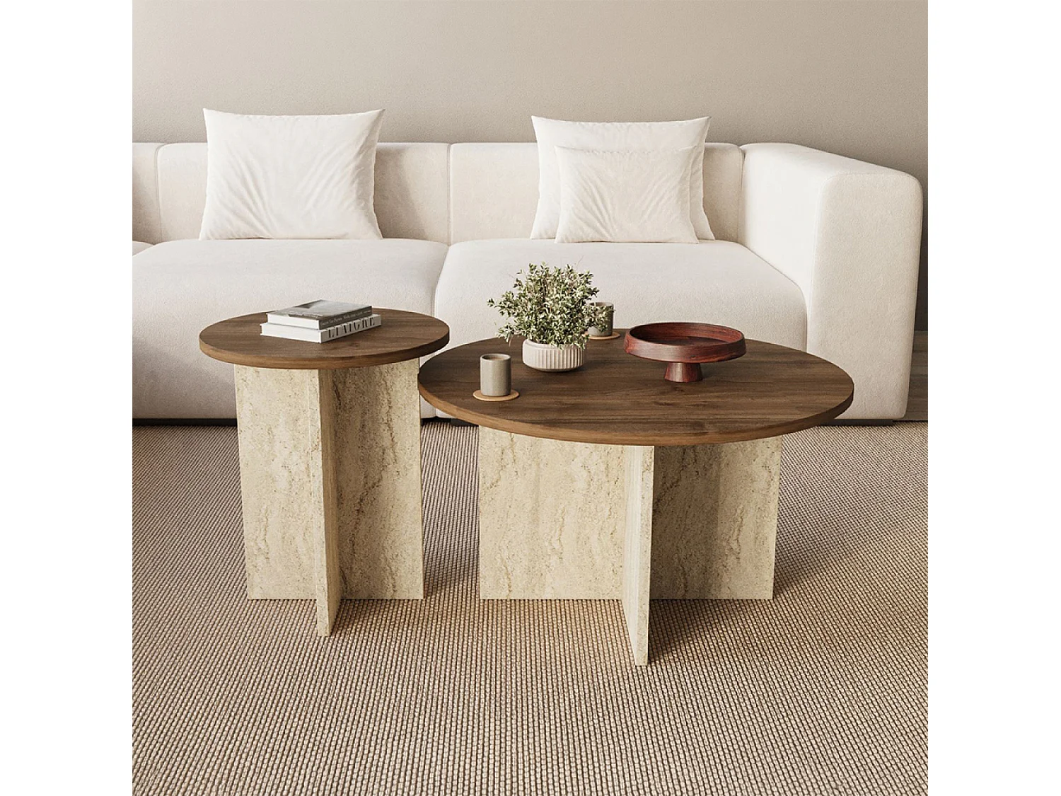 Ensemble de 2 tables basses rondes effet noyer et travertin TRAVI