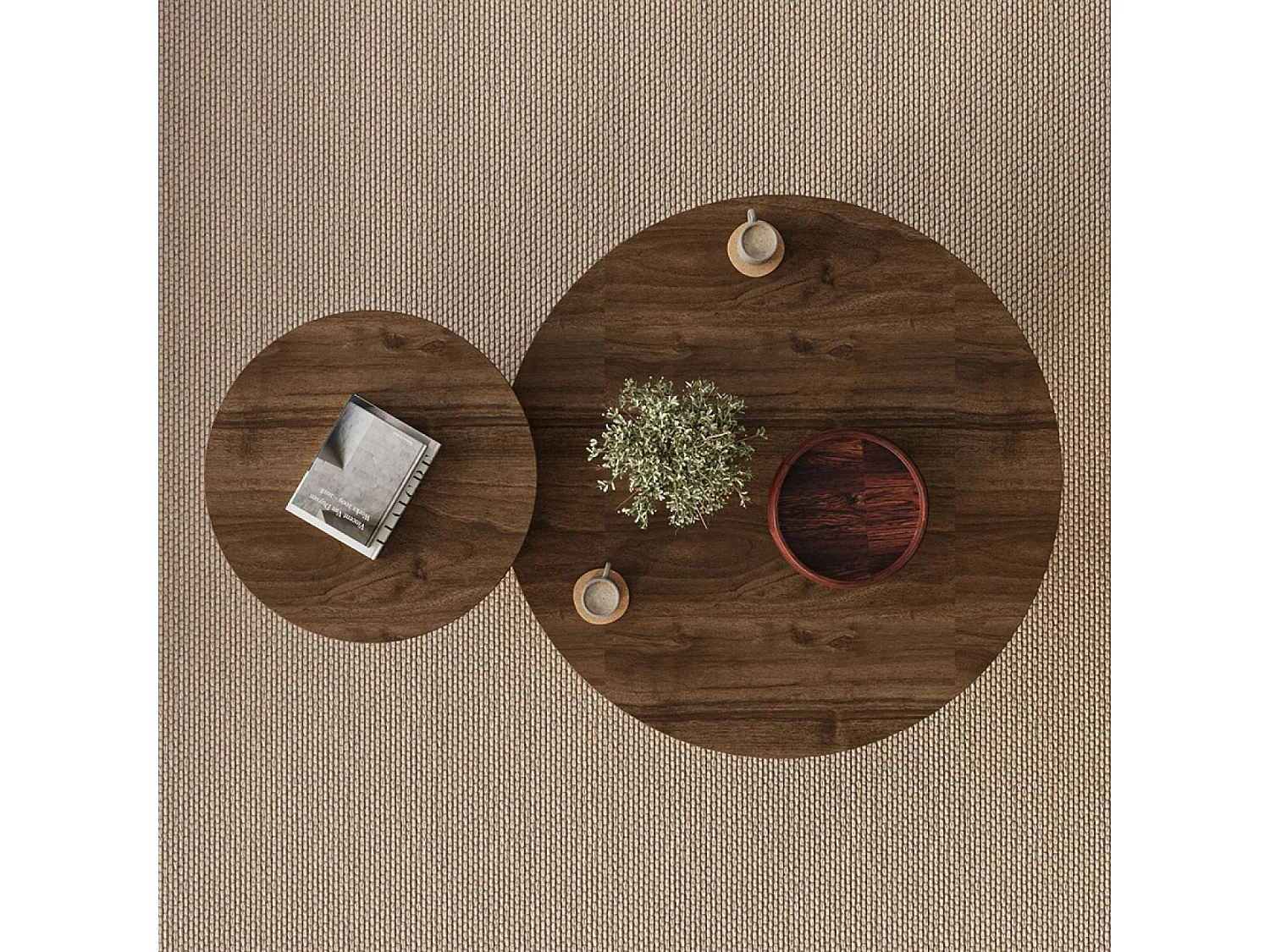 Ensemble de 2 tables basses rondes effet noyer et travertin TRAVI