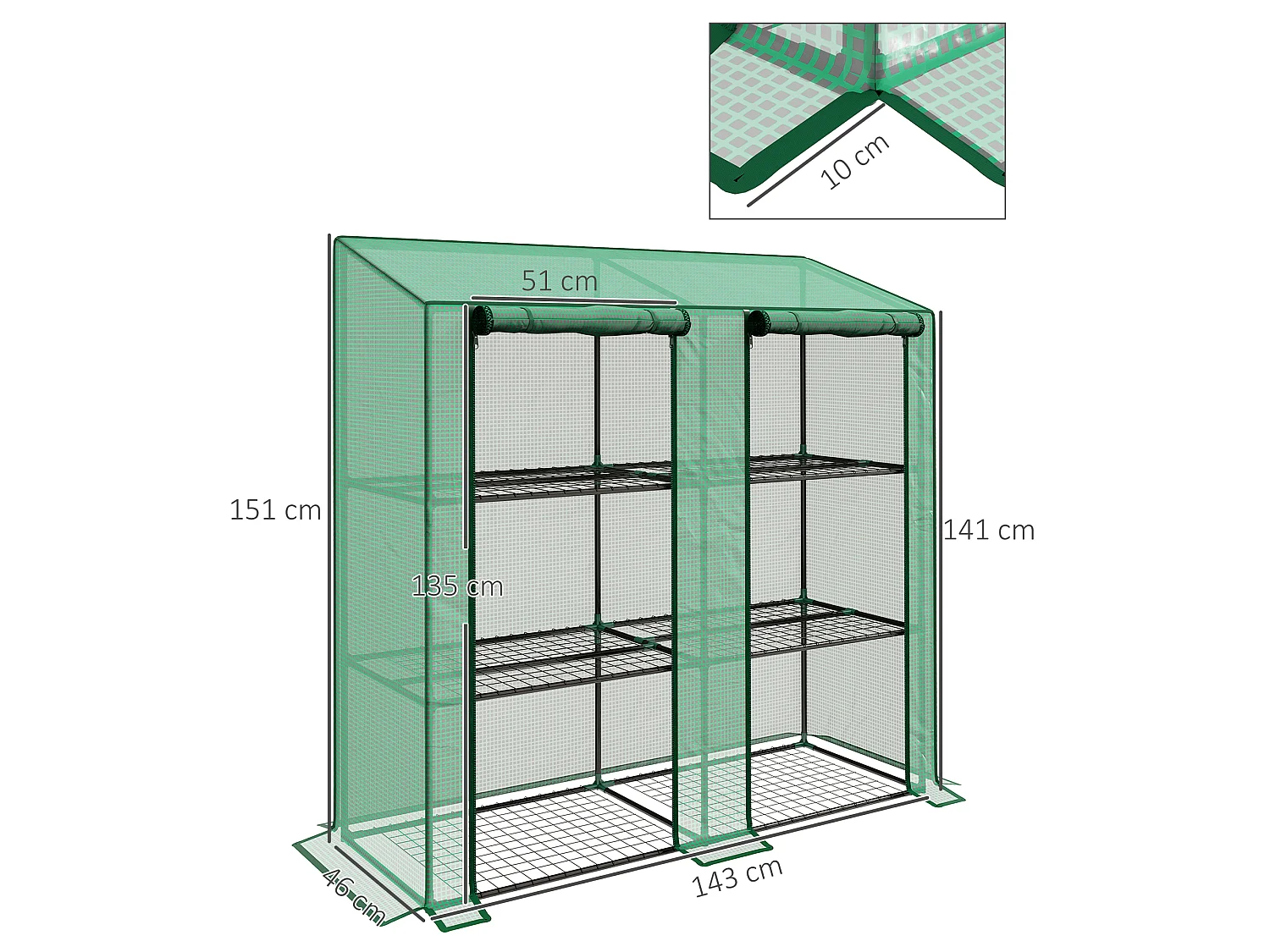 Outsunny Mini Green House with 3 Tier Shelves, 151H x 143W x 46Dcm, Green