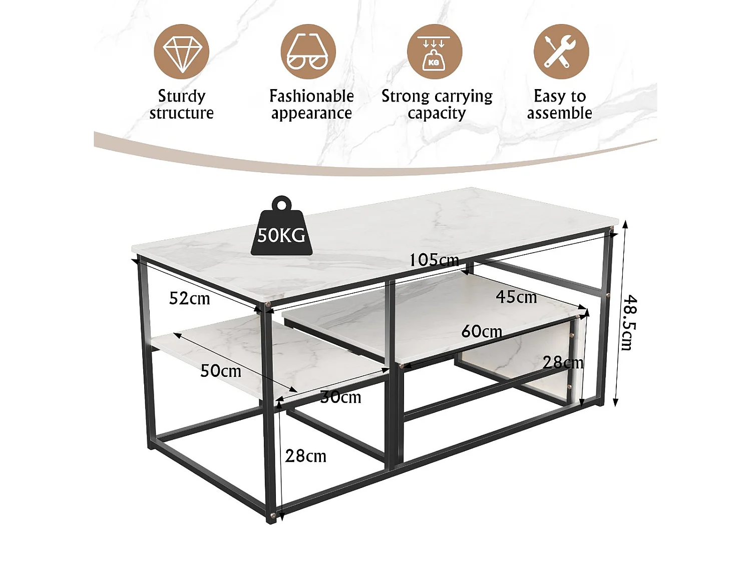 Table basse avec étagères de rangement, meuble salon style industriel bois et métal, table basse moderne blanc