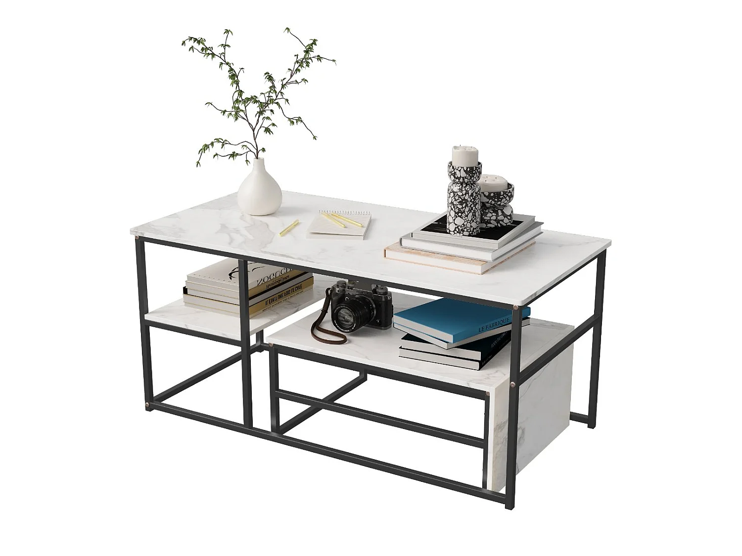 Table basse avec étagères de rangement, meuble salon style industriel bois et métal, table basse moderne blanc
