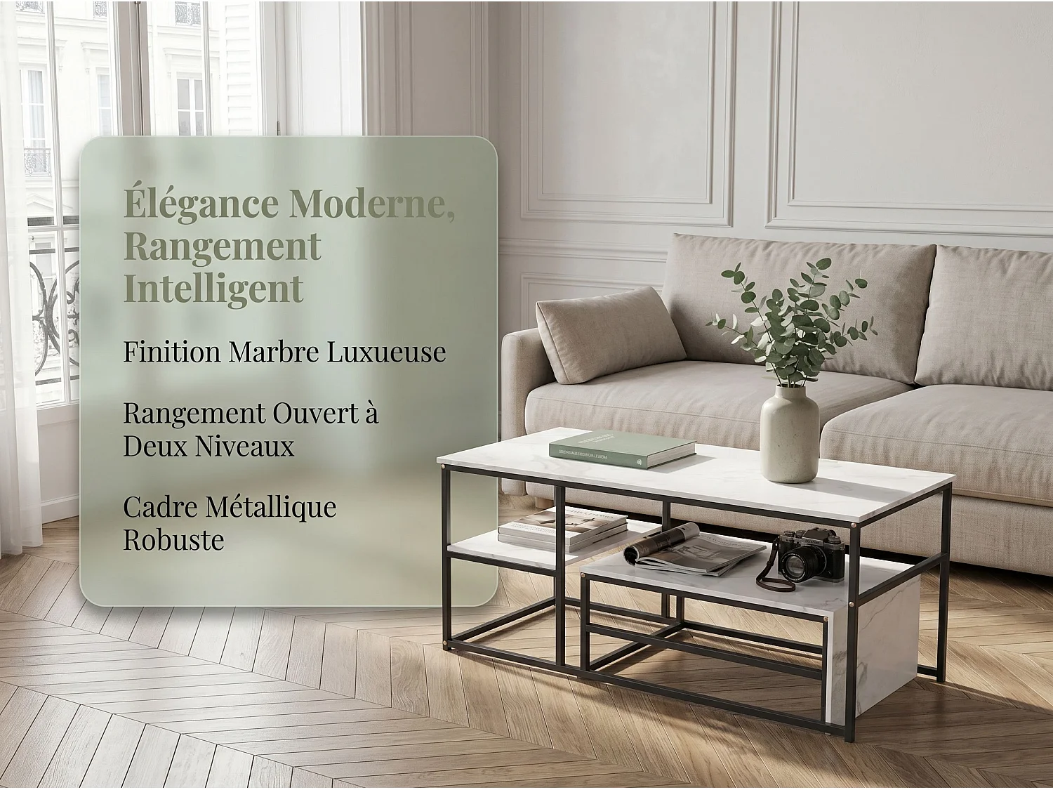 Table basse avec étagères de rangement, meuble salon style industriel bois et métal, table basse moderne blanc