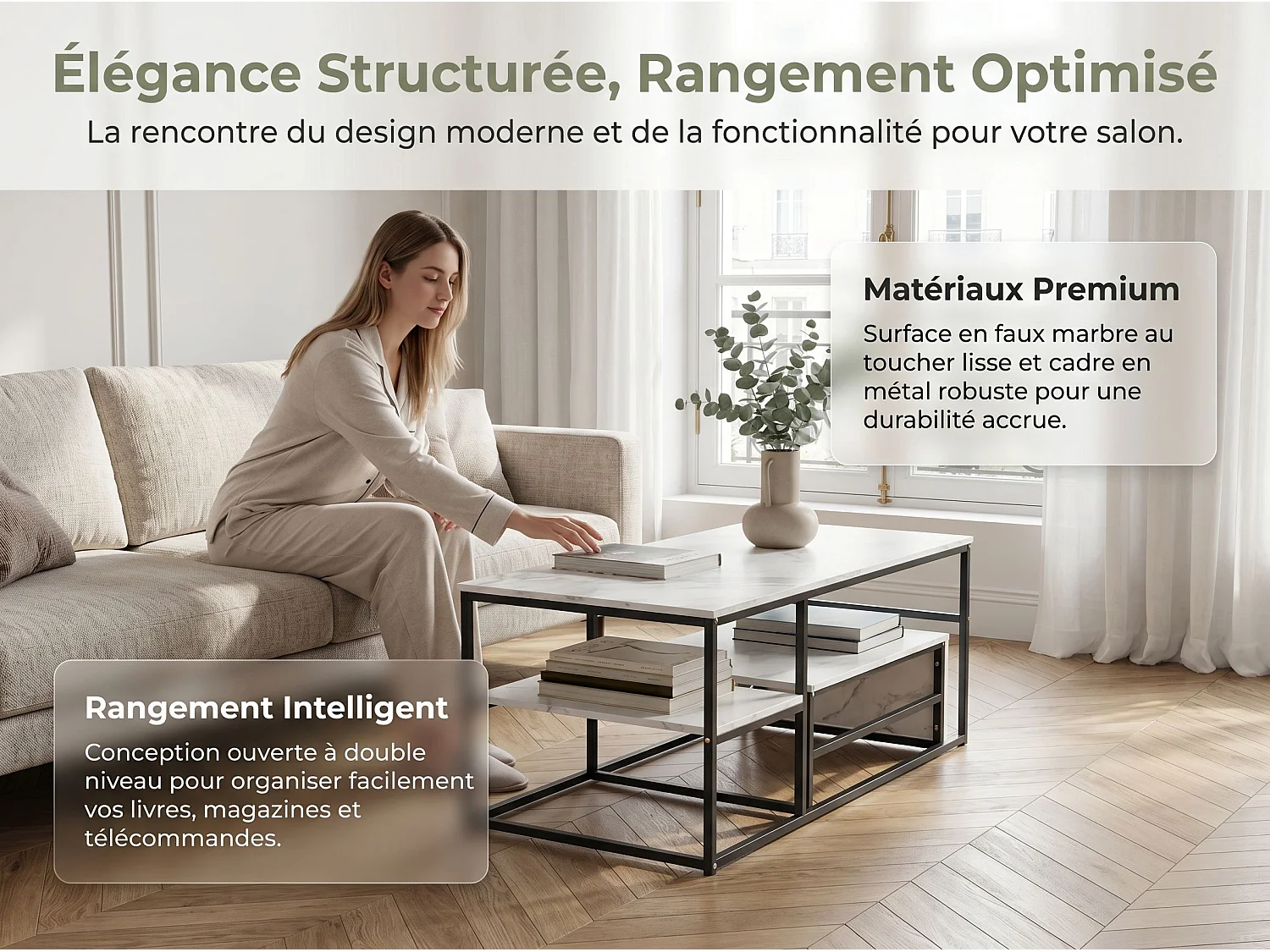 Table basse avec étagères de rangement, meuble salon style industriel bois et métal, table basse moderne blanc